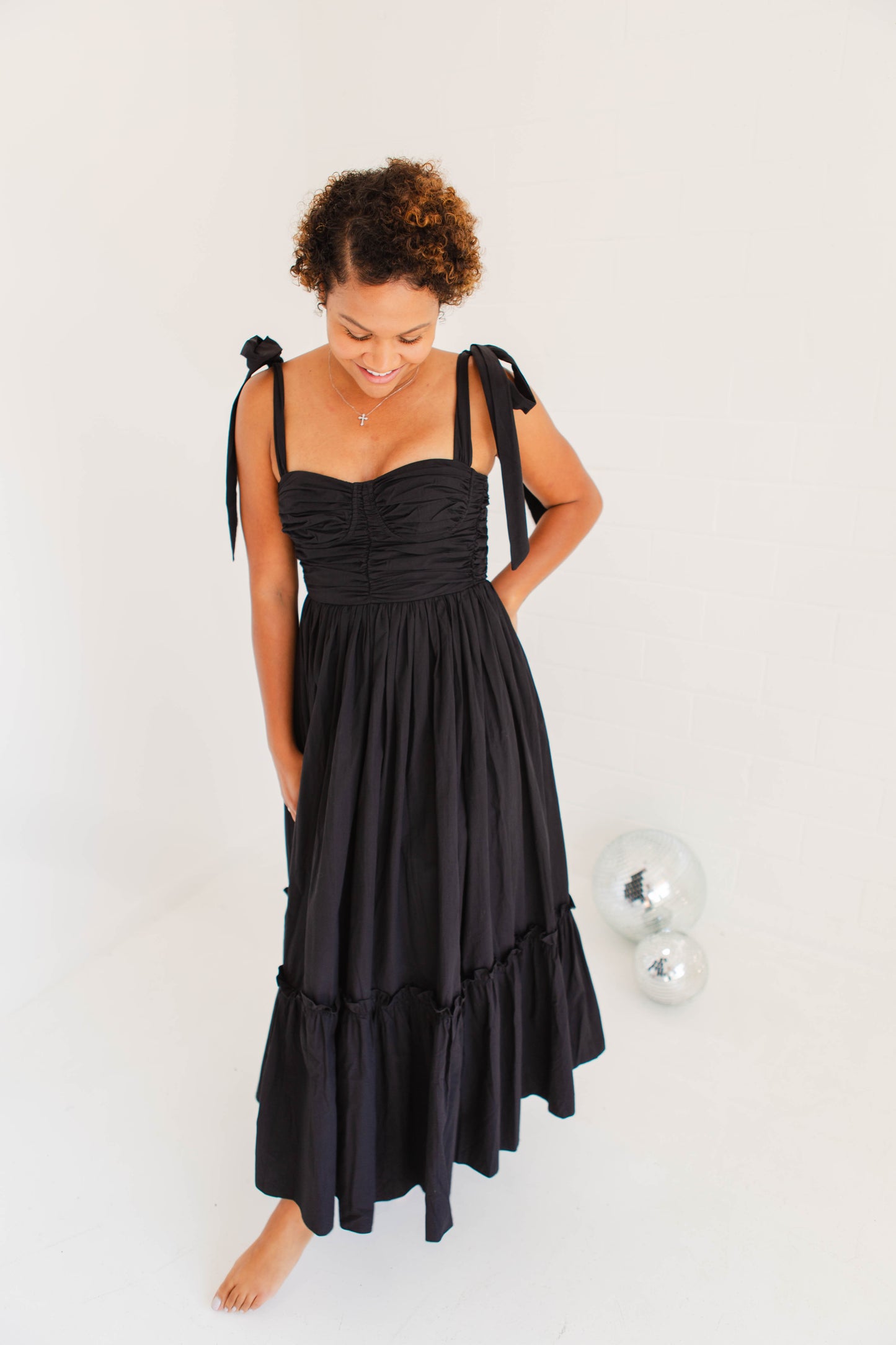 Black Poplin Bust Ruched Midi Dress with Shoulder Ties