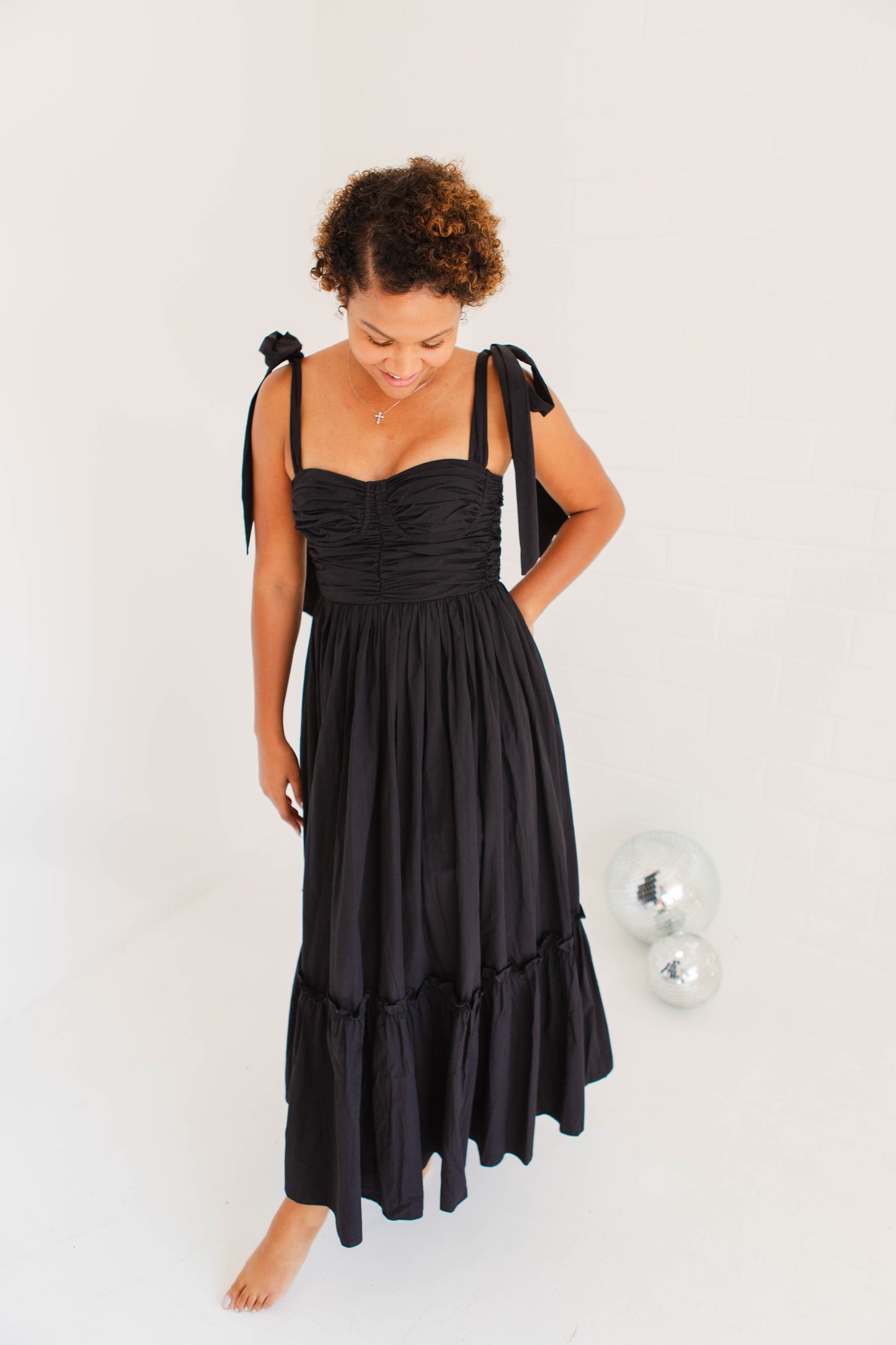 Black Poplin Bust Ruched Midi Dress with Shoulder Ties