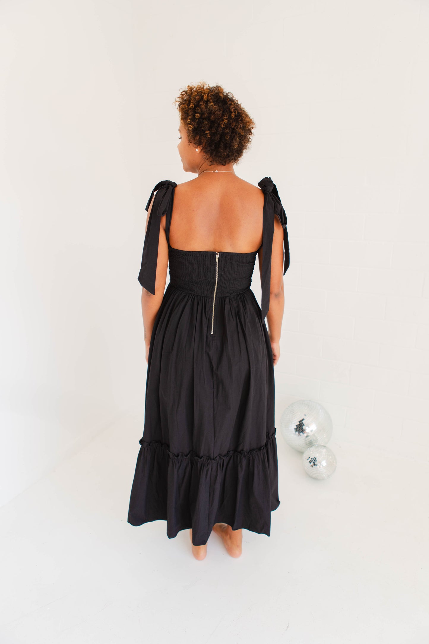 Black Poplin Bust Ruched Midi Dress with Shoulder Ties