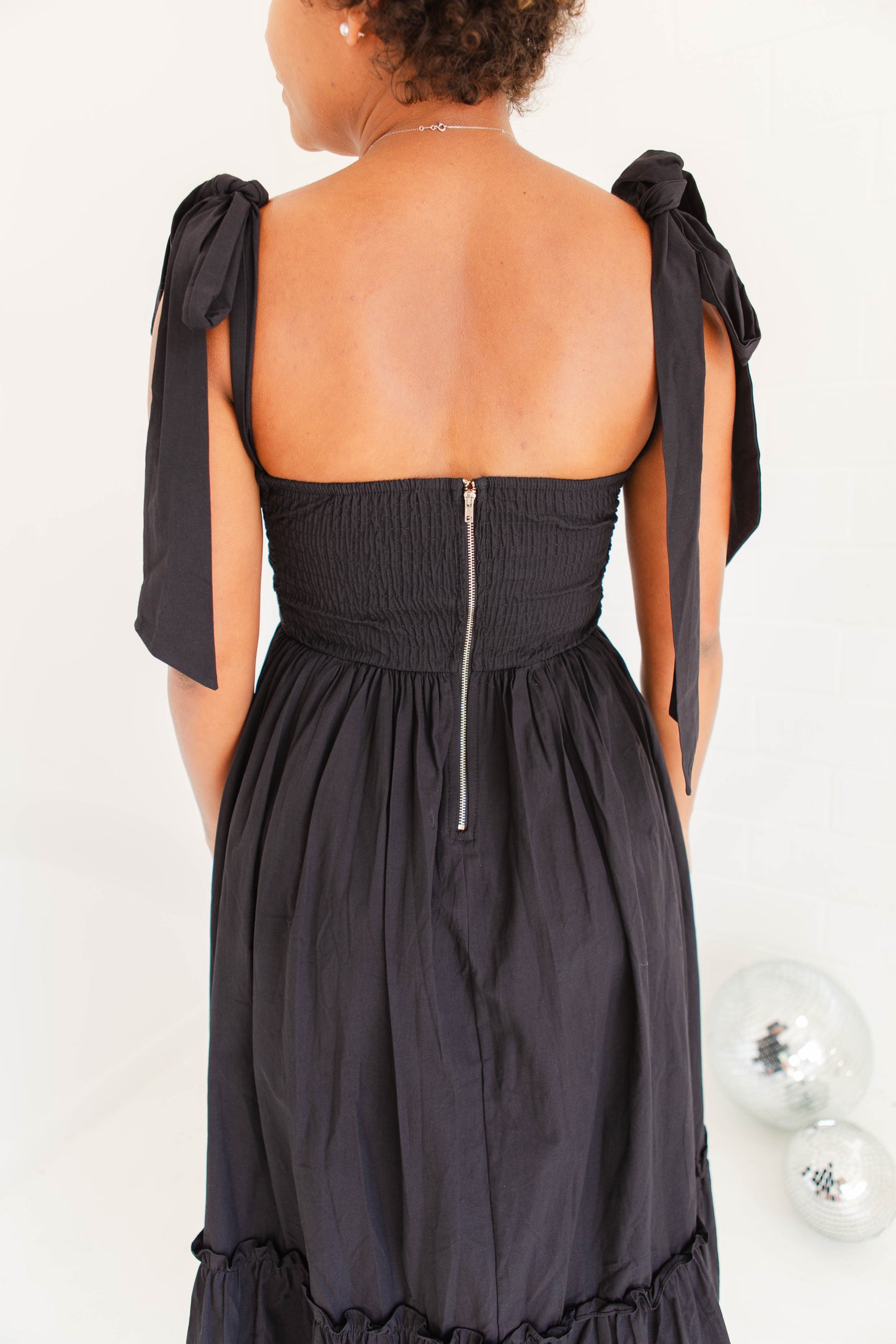 Black Poplin Bust Ruched Midi Dress with Shoulder Ties