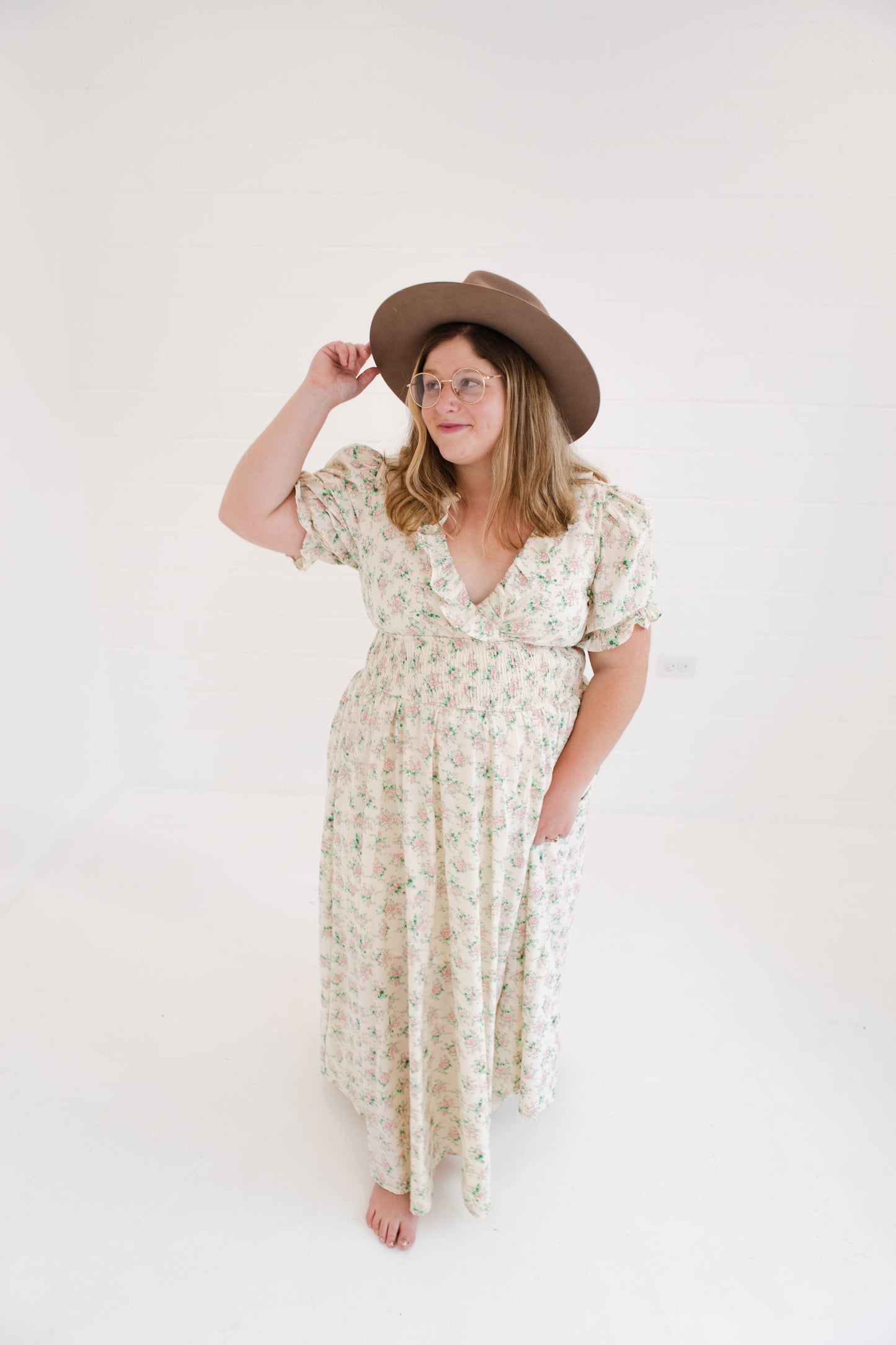Floral Print Surplice Smocked Waist Midi Dress
