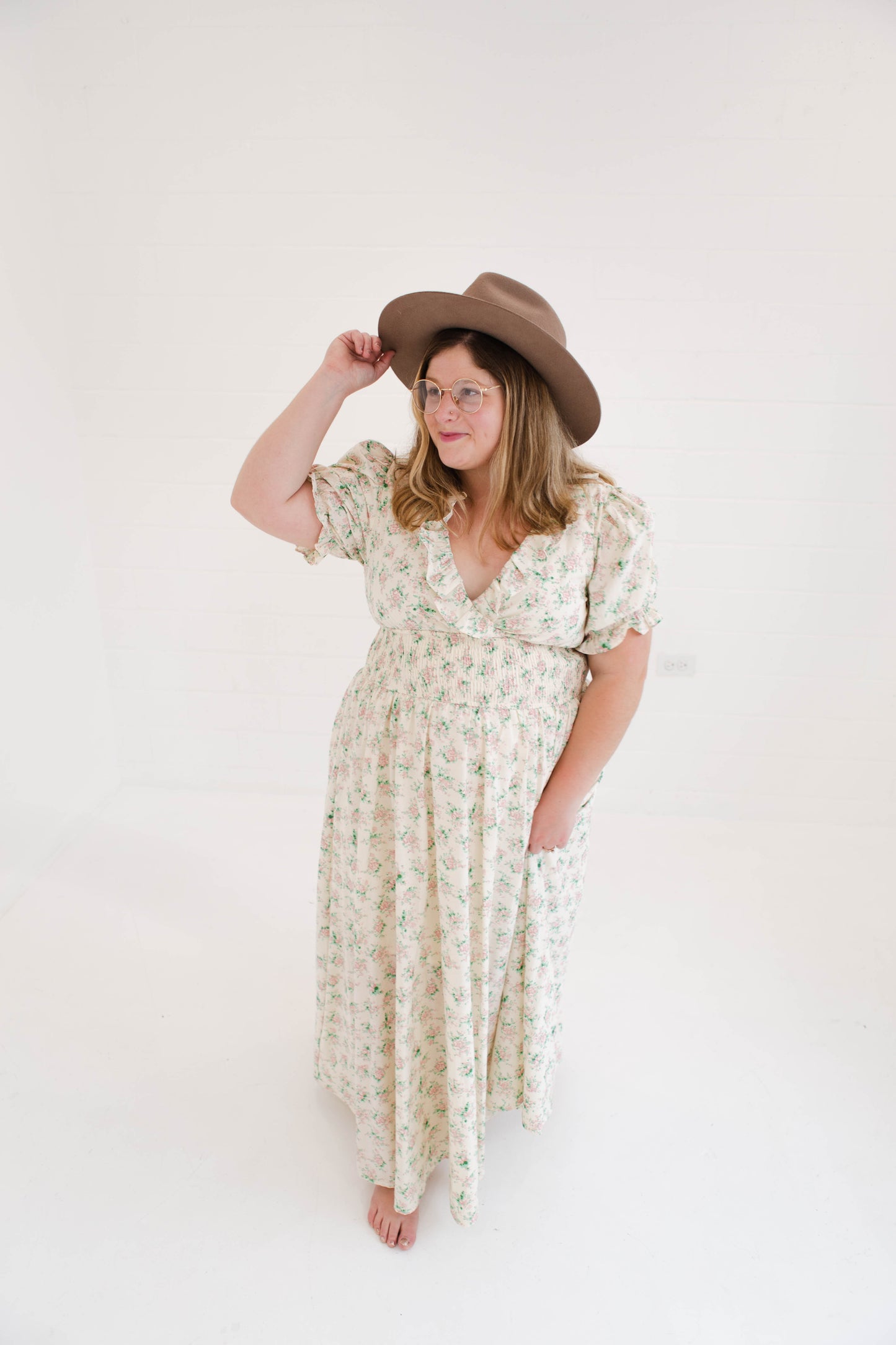 Floral Print Surplice Smocked Waist Midi Dress