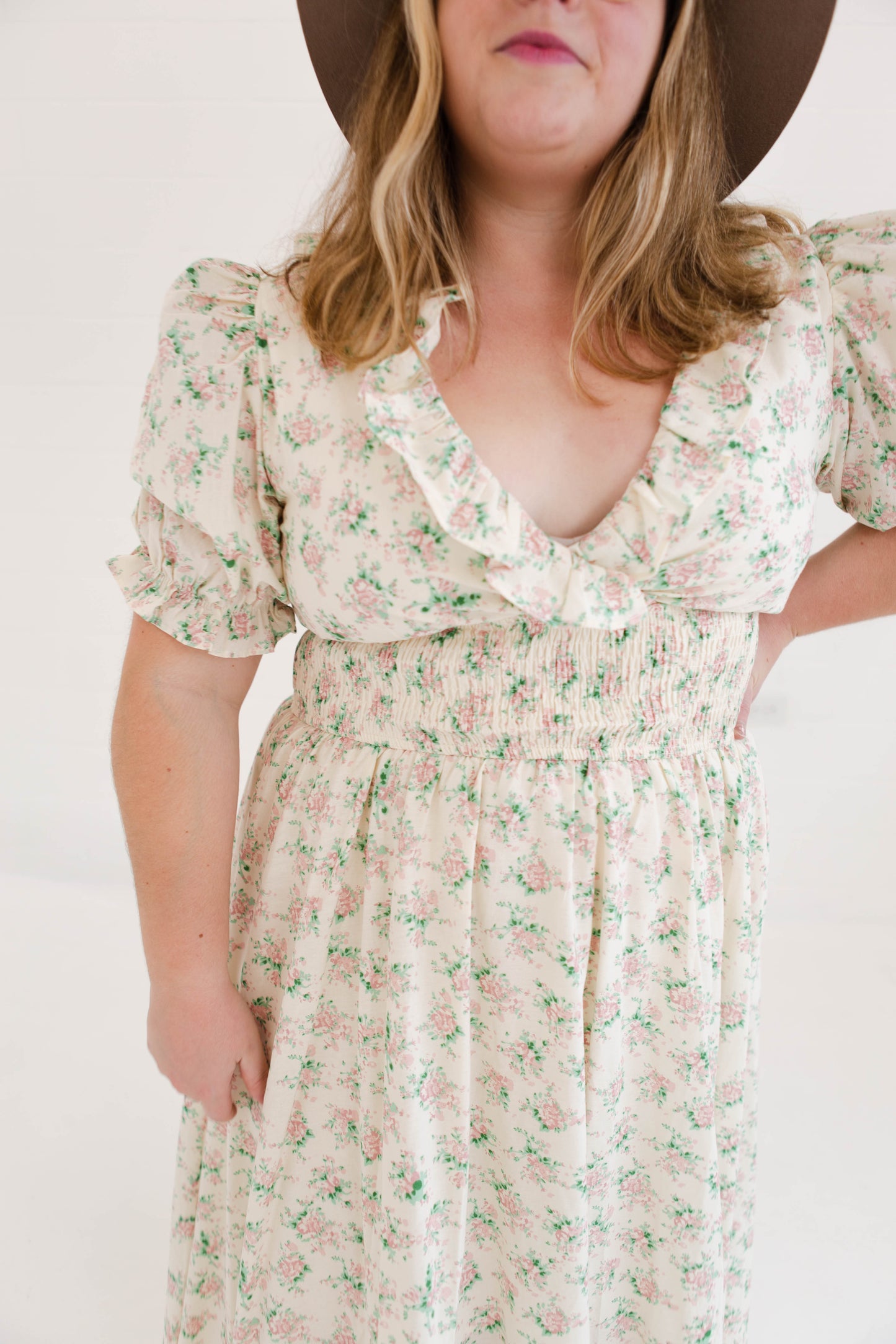Floral Print Surplice Smocked Waist Midi Dress