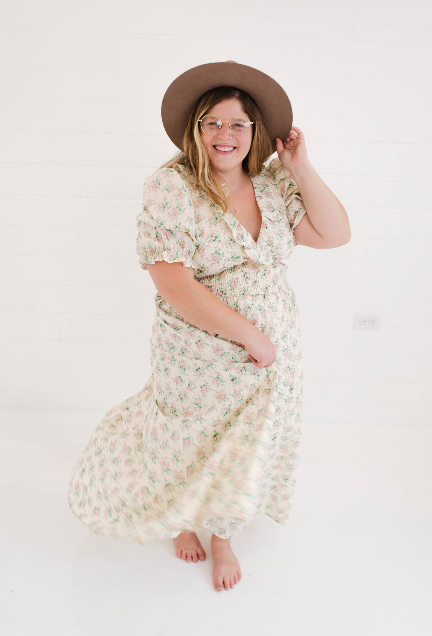 Floral Print Surplice Smocked Waist Midi Dress