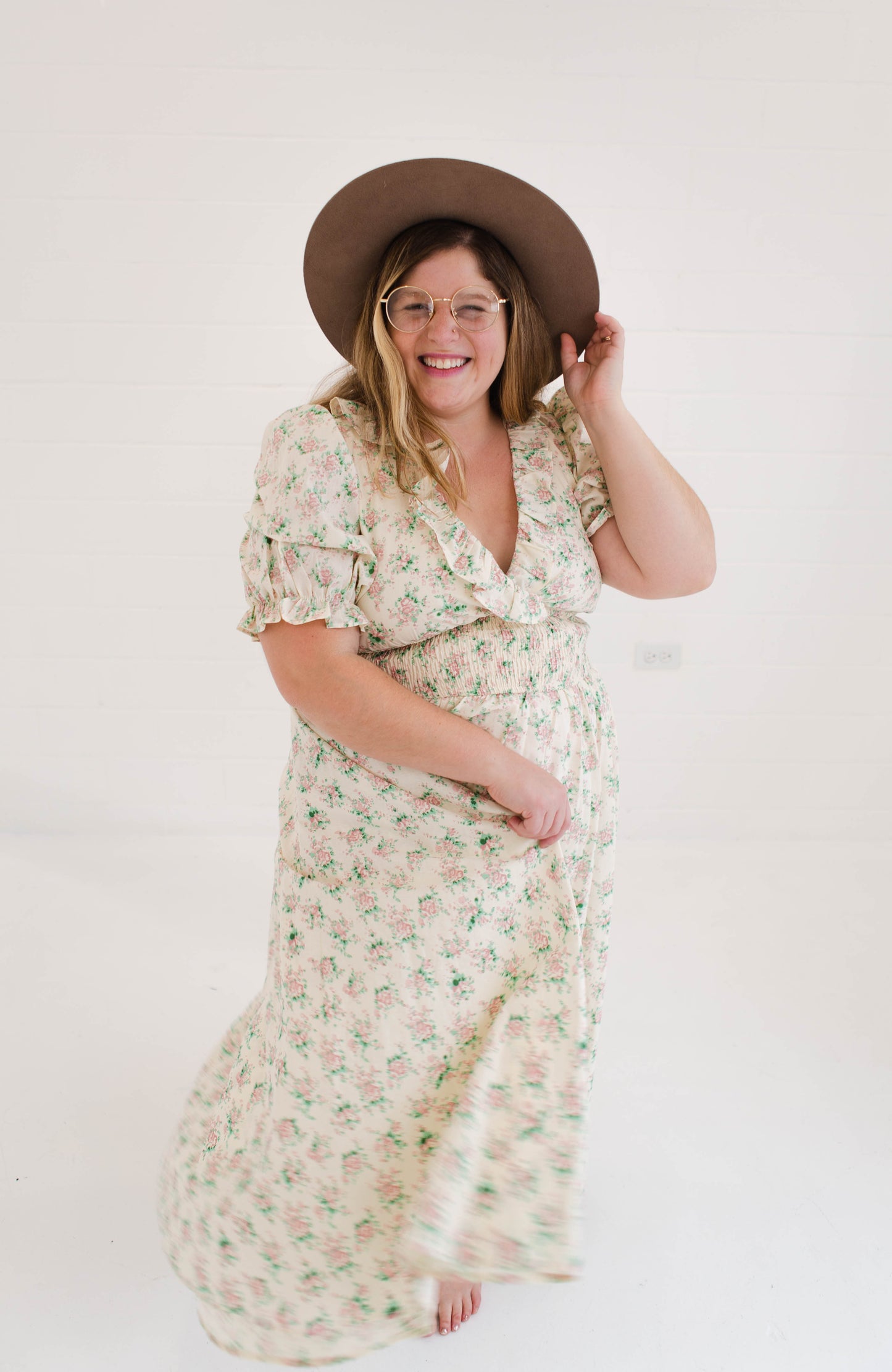 Floral Print Surplice Smocked Waist Midi Dress