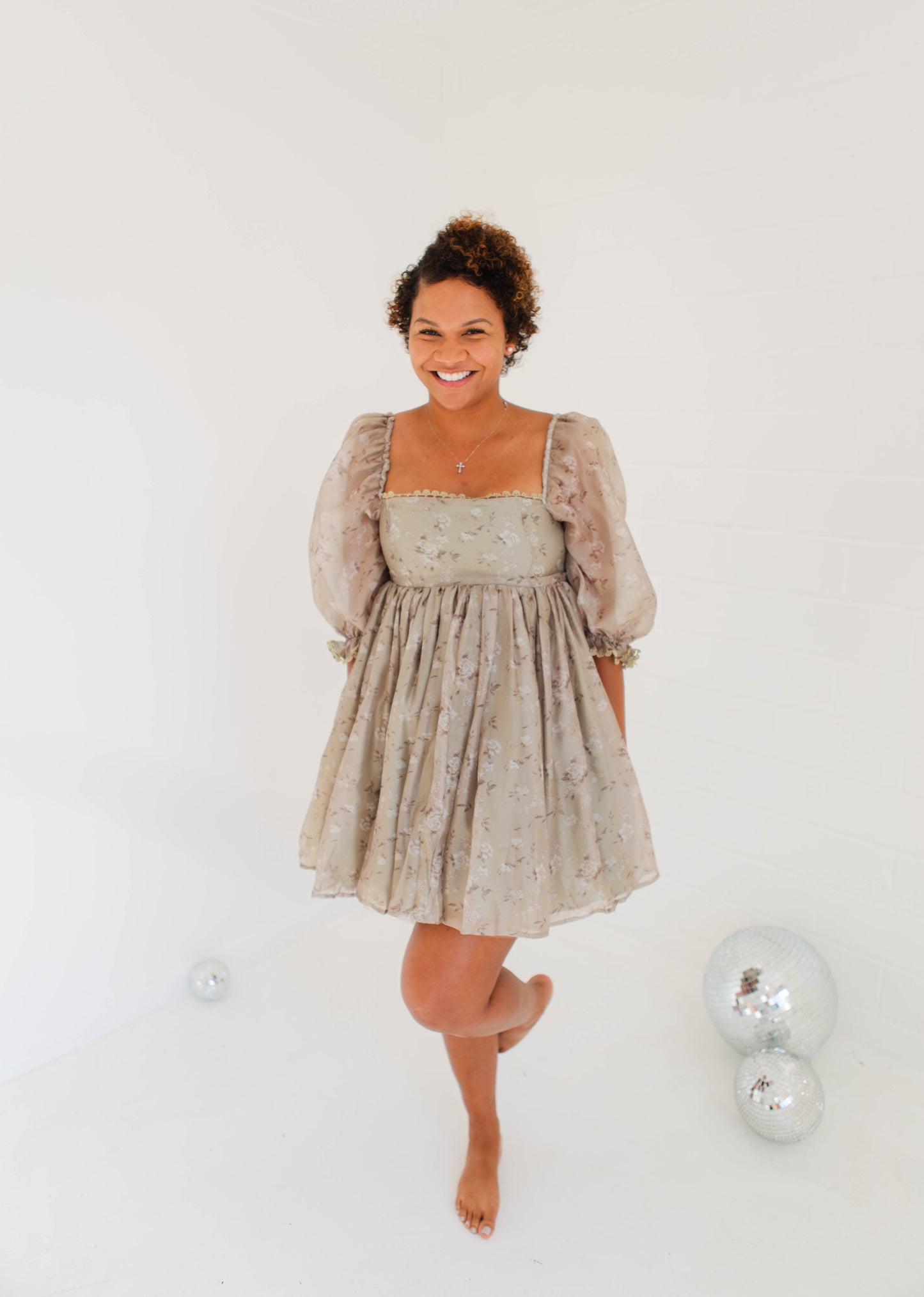Dusty Sage Floral Print Tulle Baby Doll Mini Dress
