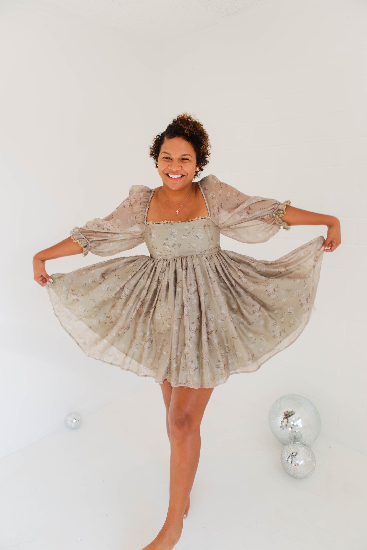 Dusty Sage Floral Print Tulle Baby Doll Mini Dress