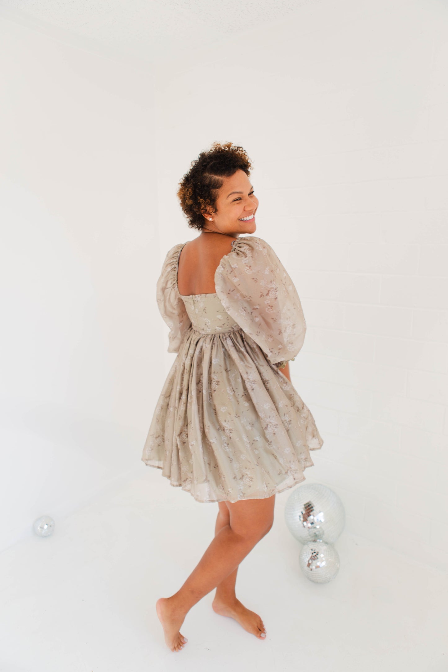 Dusty Sage Floral Print Tulle Baby Doll Mini Dress
