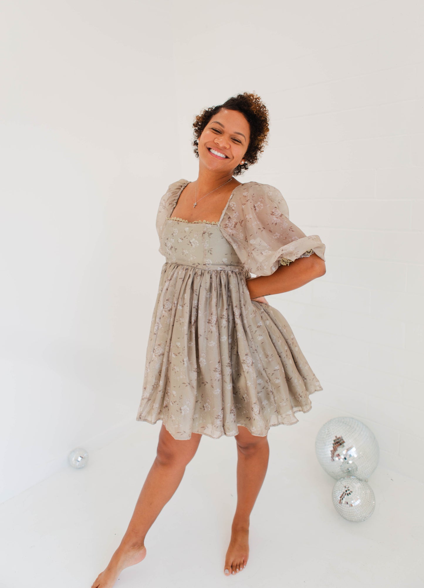 Dusty Sage Floral Print Tulle Baby Doll Mini Dress