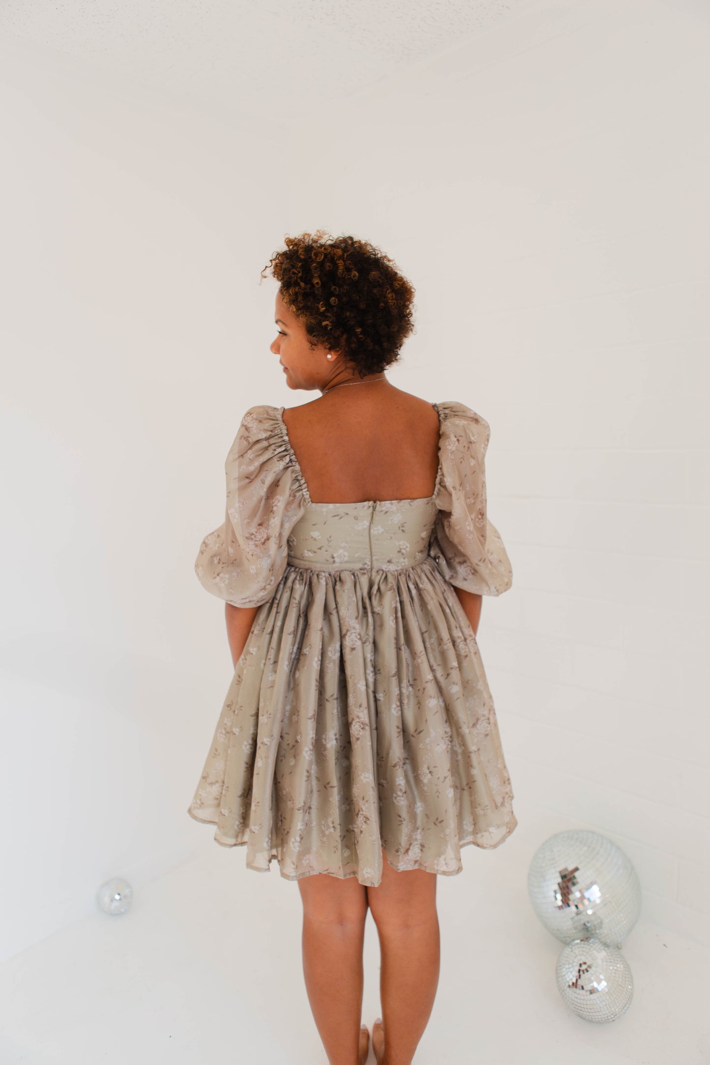 Dusty Sage Floral Print Tulle Baby Doll Mini Dress