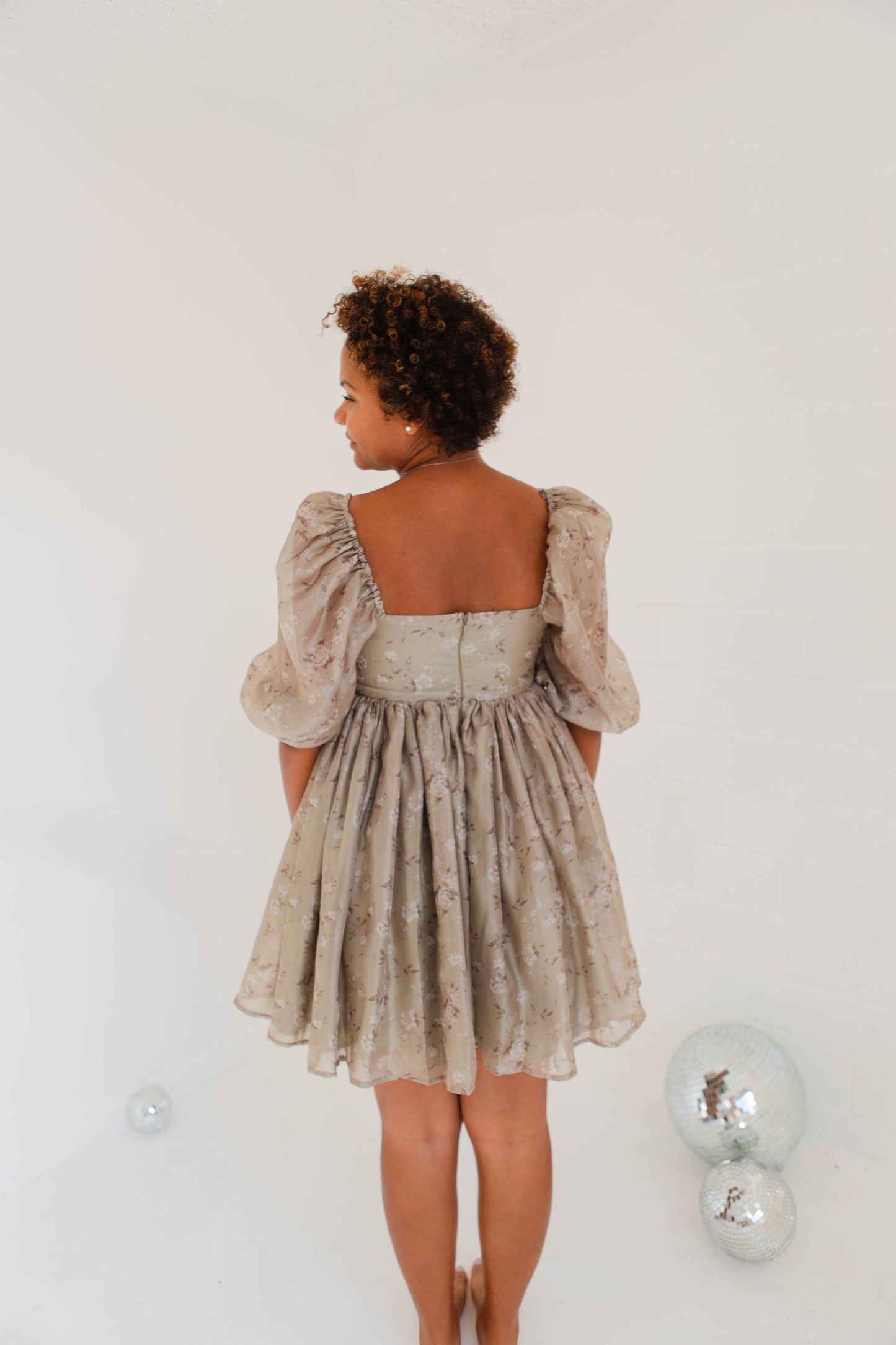 Dusty Sage Floral Print Tulle Baby Doll Mini Dress
