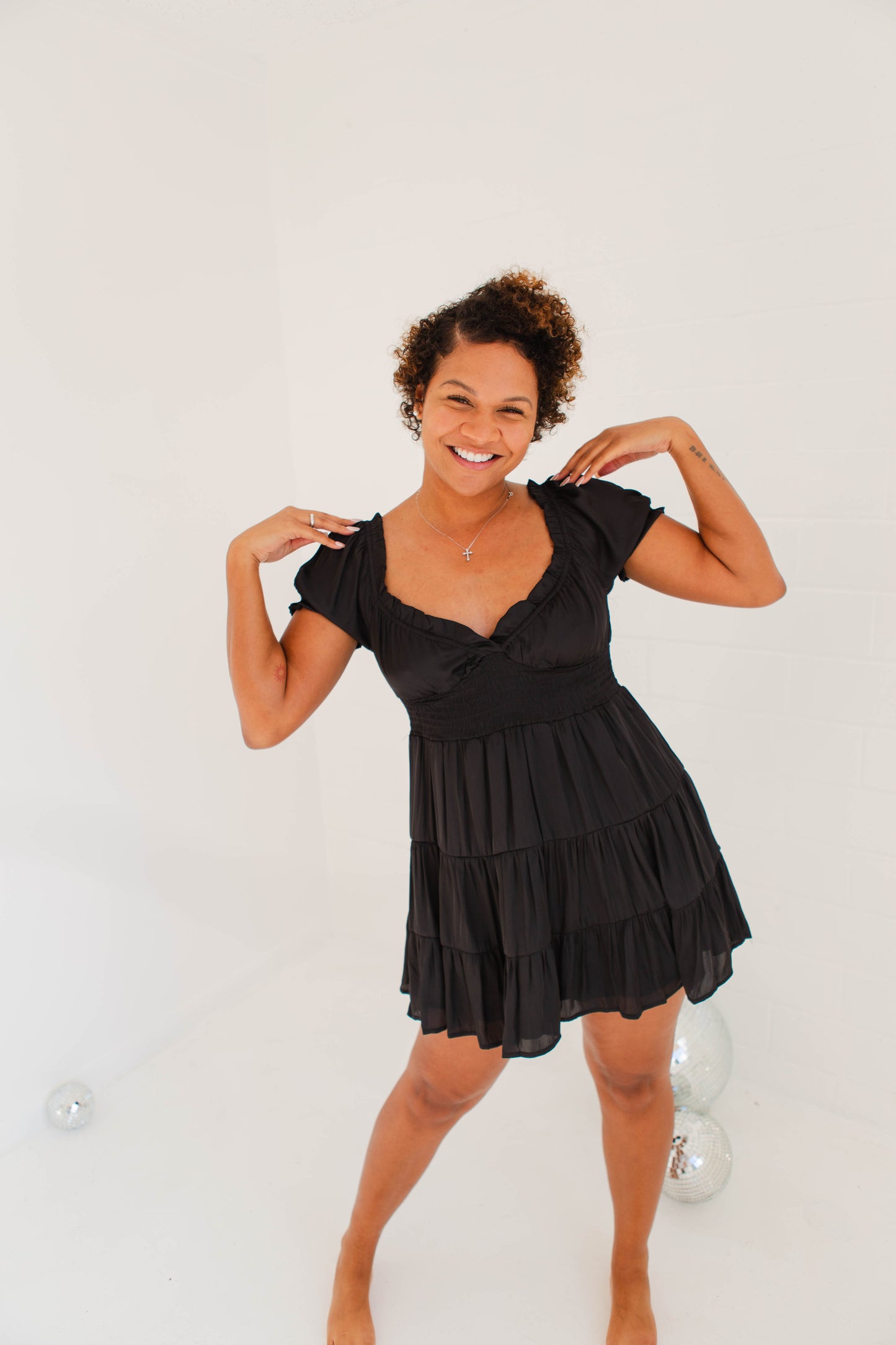 Black Satin Ruffle Tiered Babydoll Dress