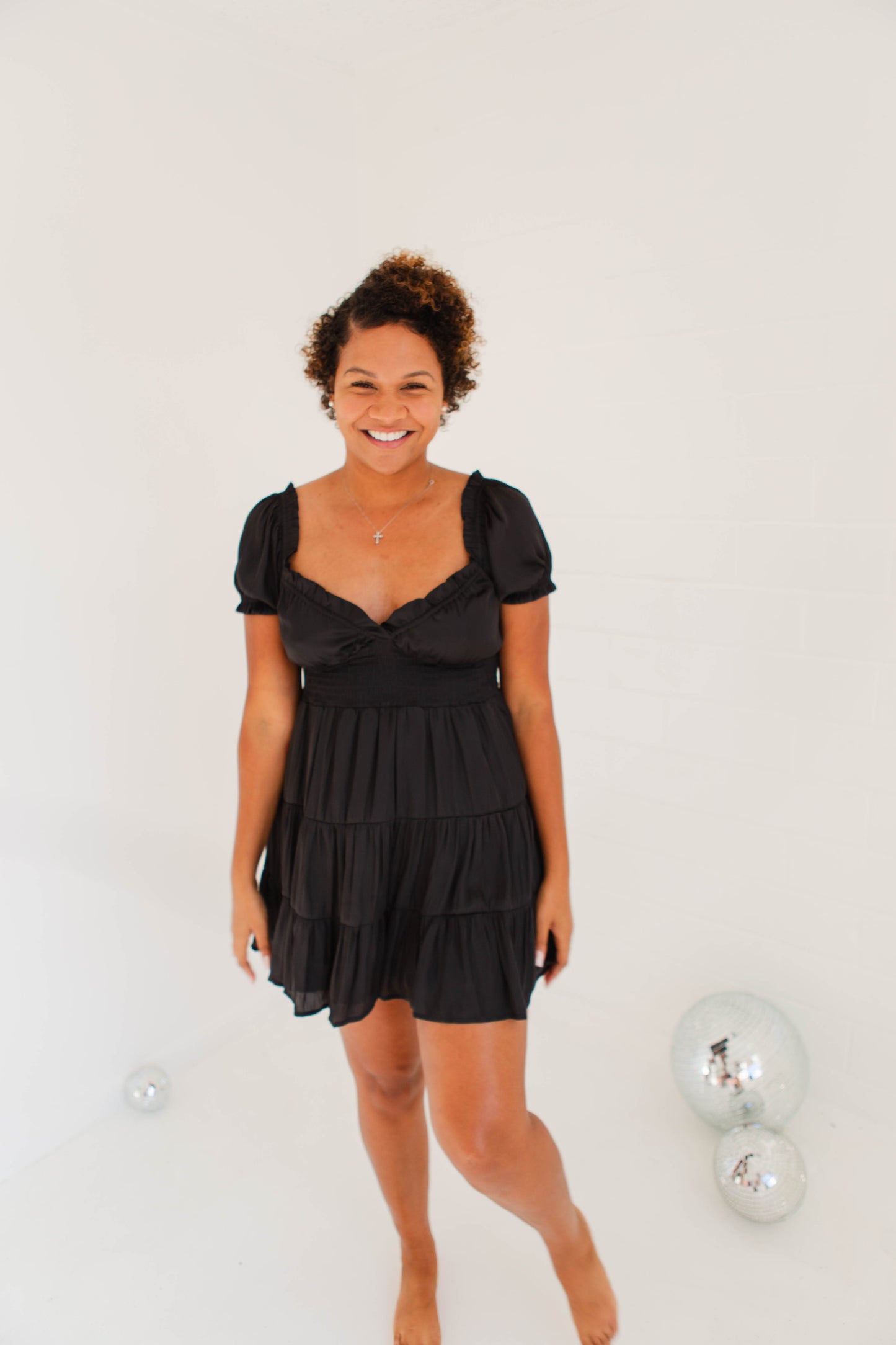 Black Satin Ruffle Tiered Babydoll Dress