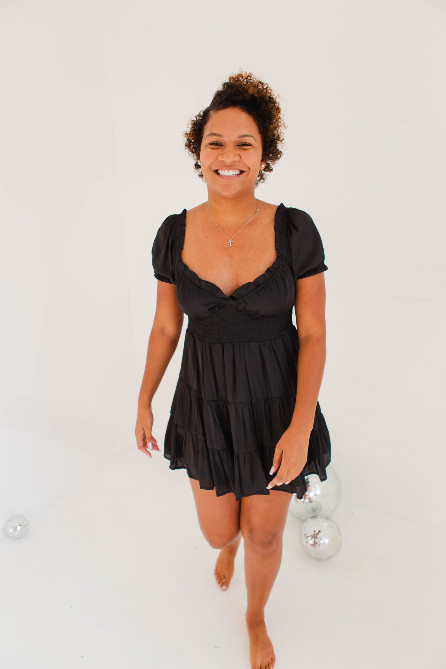 Black Satin Ruffle Tiered Babydoll Dress