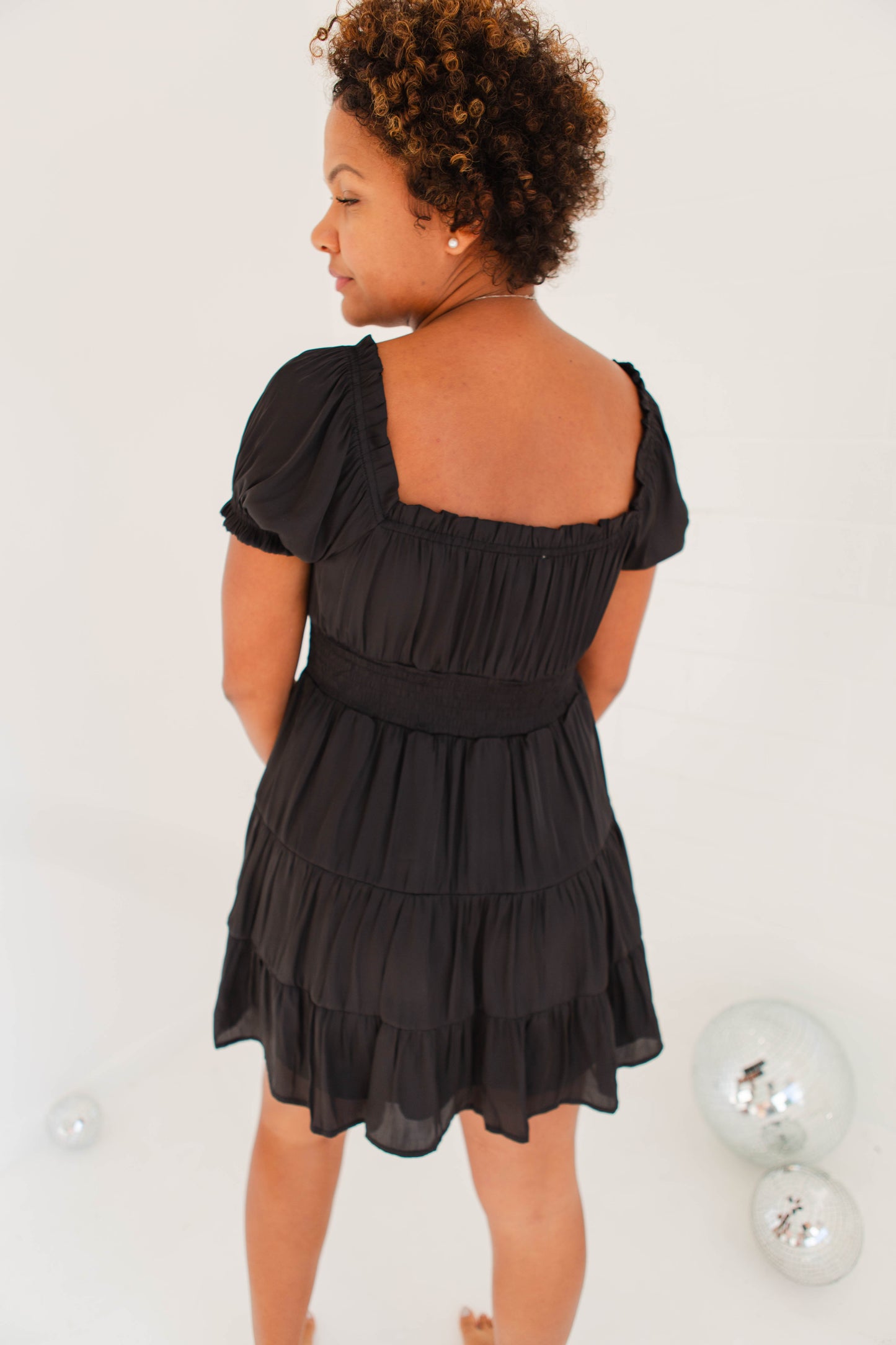 Black Satin Ruffle Tiered Babydoll Dress