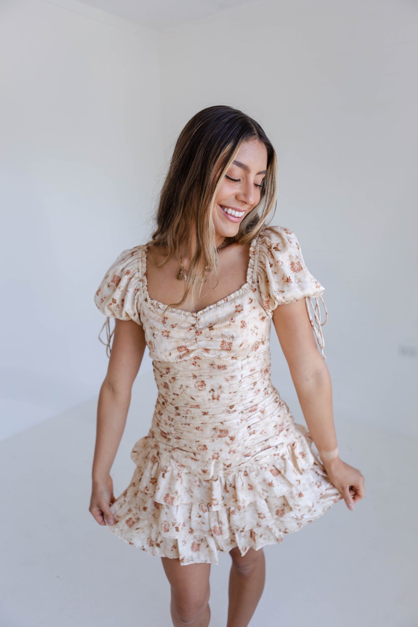 Beige Floral Runched Bodycon Mini Dress