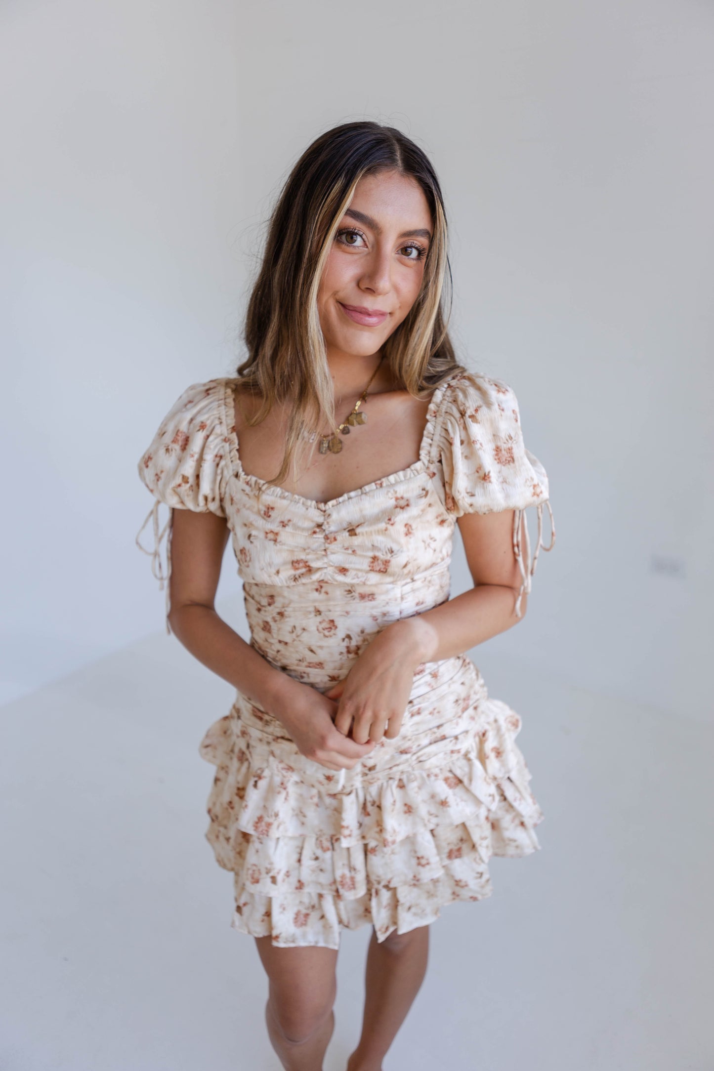 Beige Floral Runched Bodycon Mini Dress