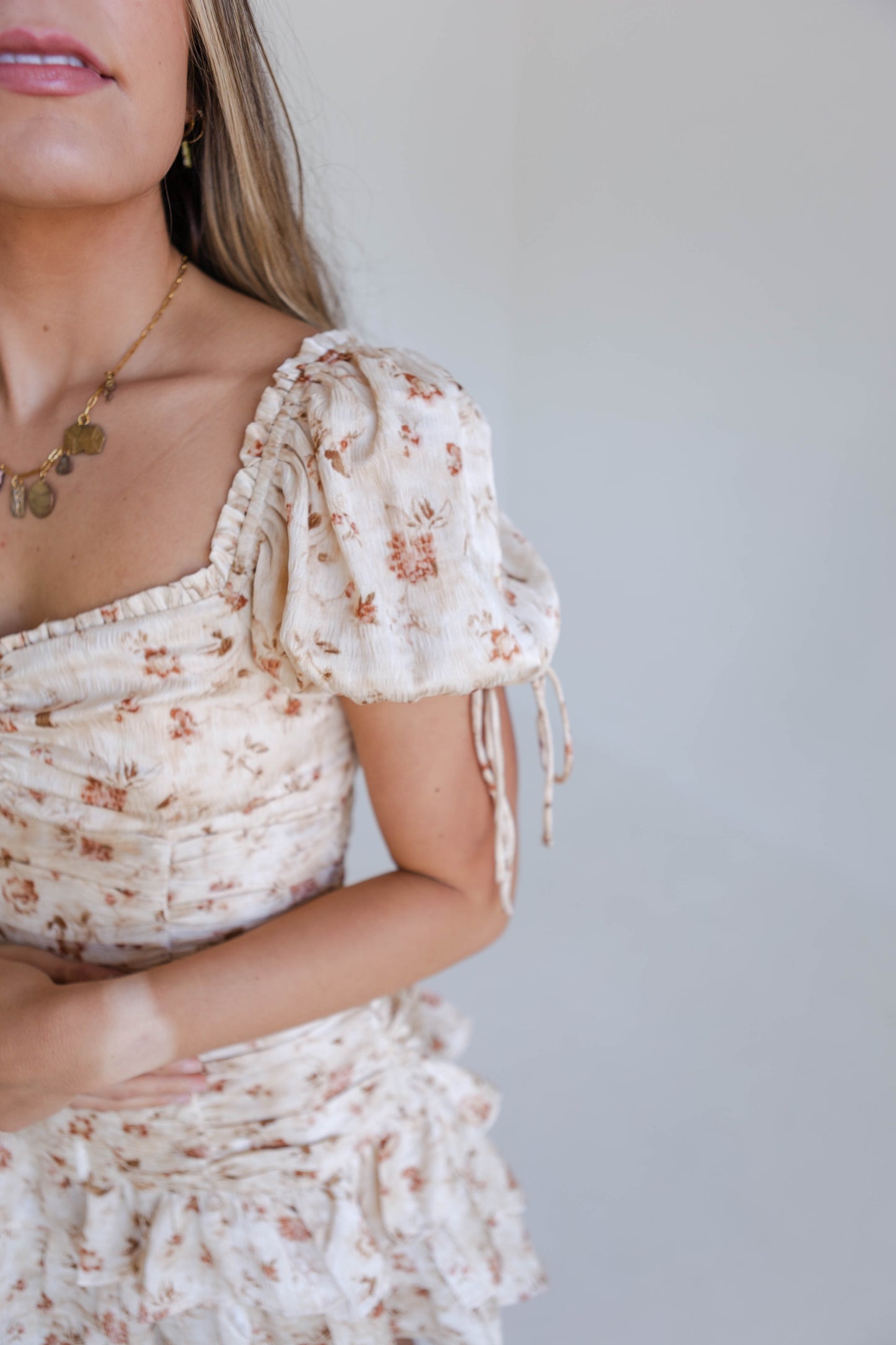 Beige Floral Runched Bodycon Mini Dress