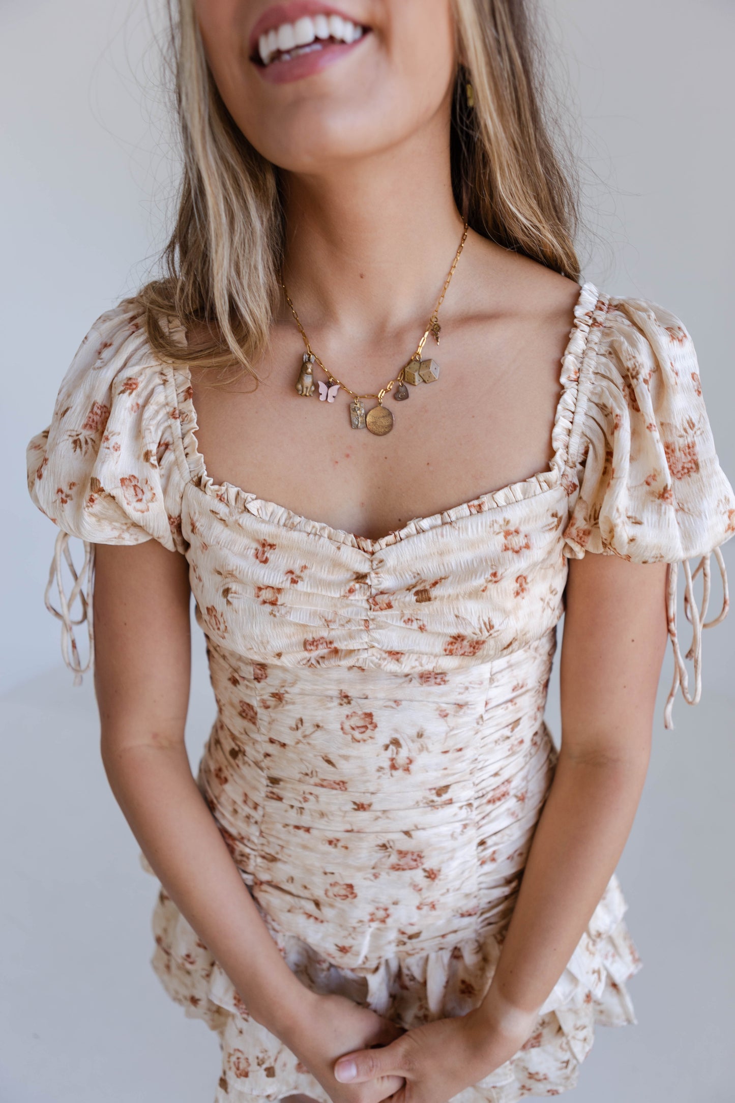 Beige Floral Runched Bodycon Mini Dress
