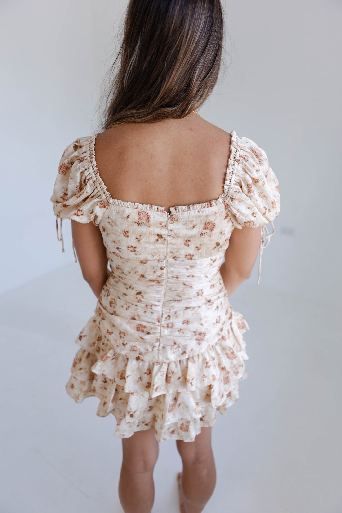 Beige Floral Runched Bodycon Mini Dress