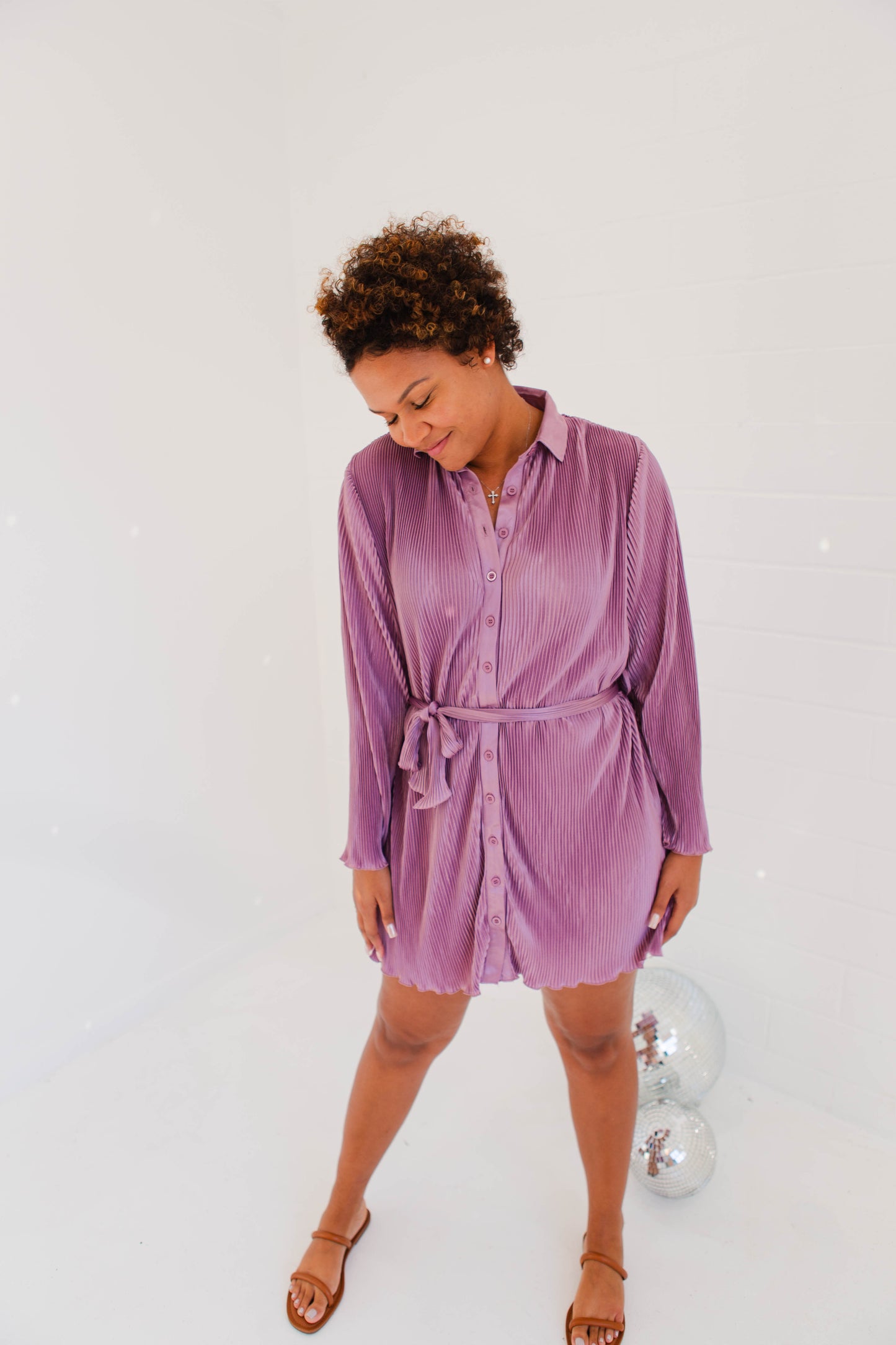 Dusty Lavender Pleated Belted Button Down Shirt Dress