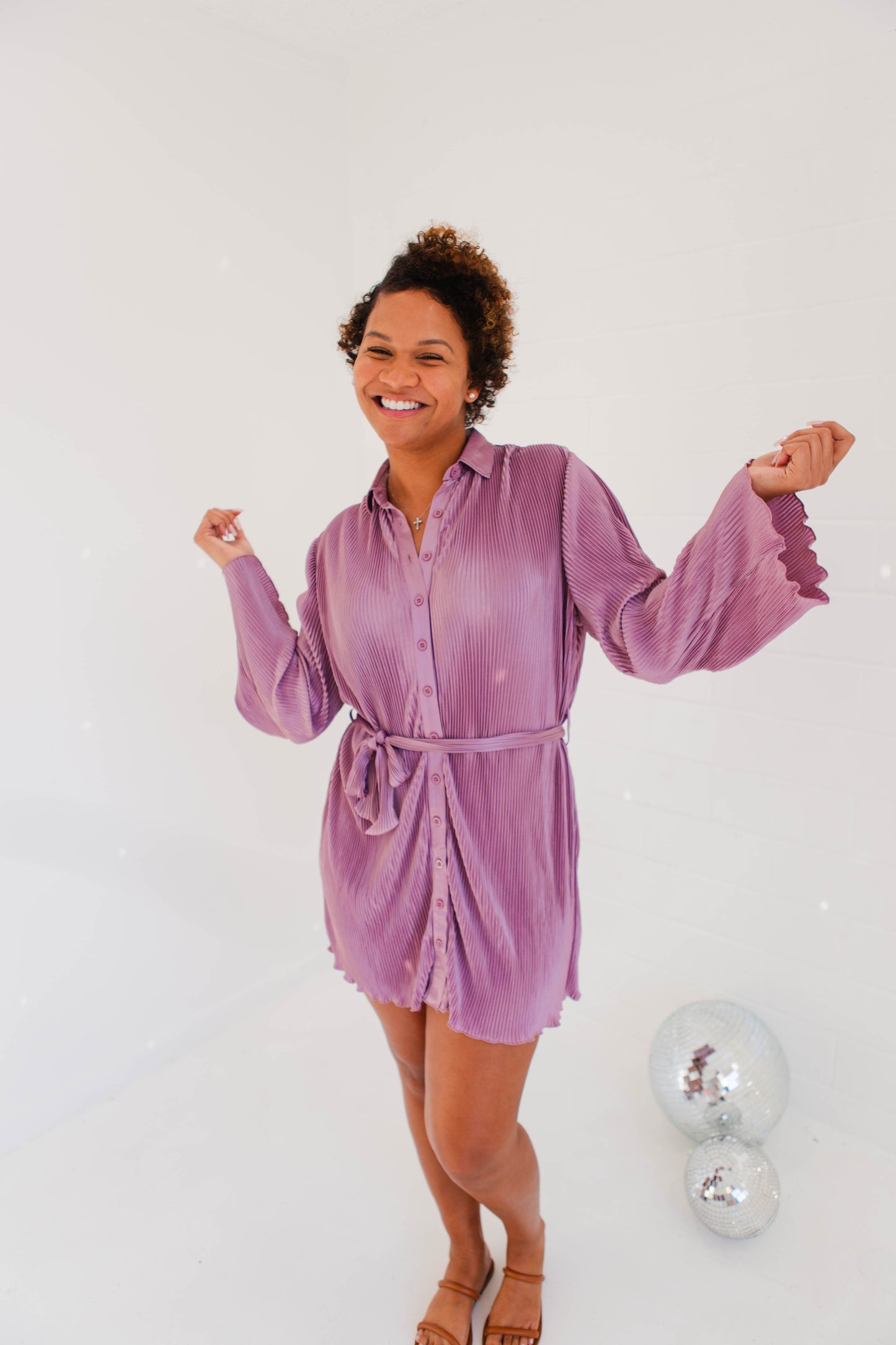 Dusty Lavender Pleated Belted Button Down Shirt Dress