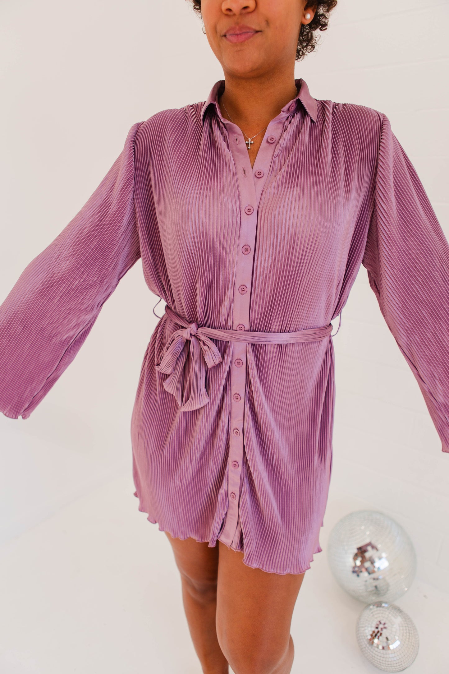 Dusty Lavender Pleated Belted Button Down Shirt Dress
