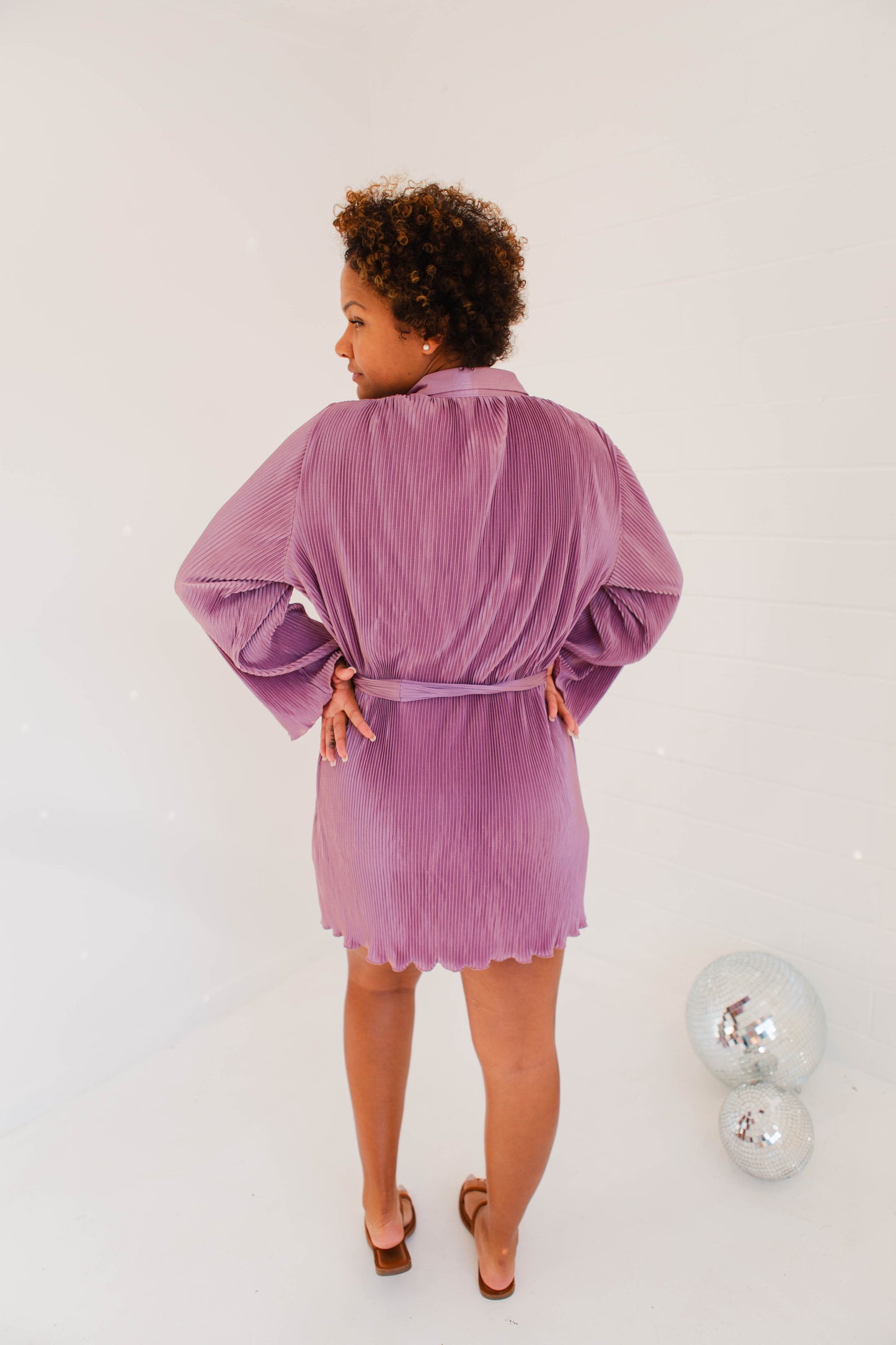 Dusty Lavender Pleated Belted Button Down Shirt Dress