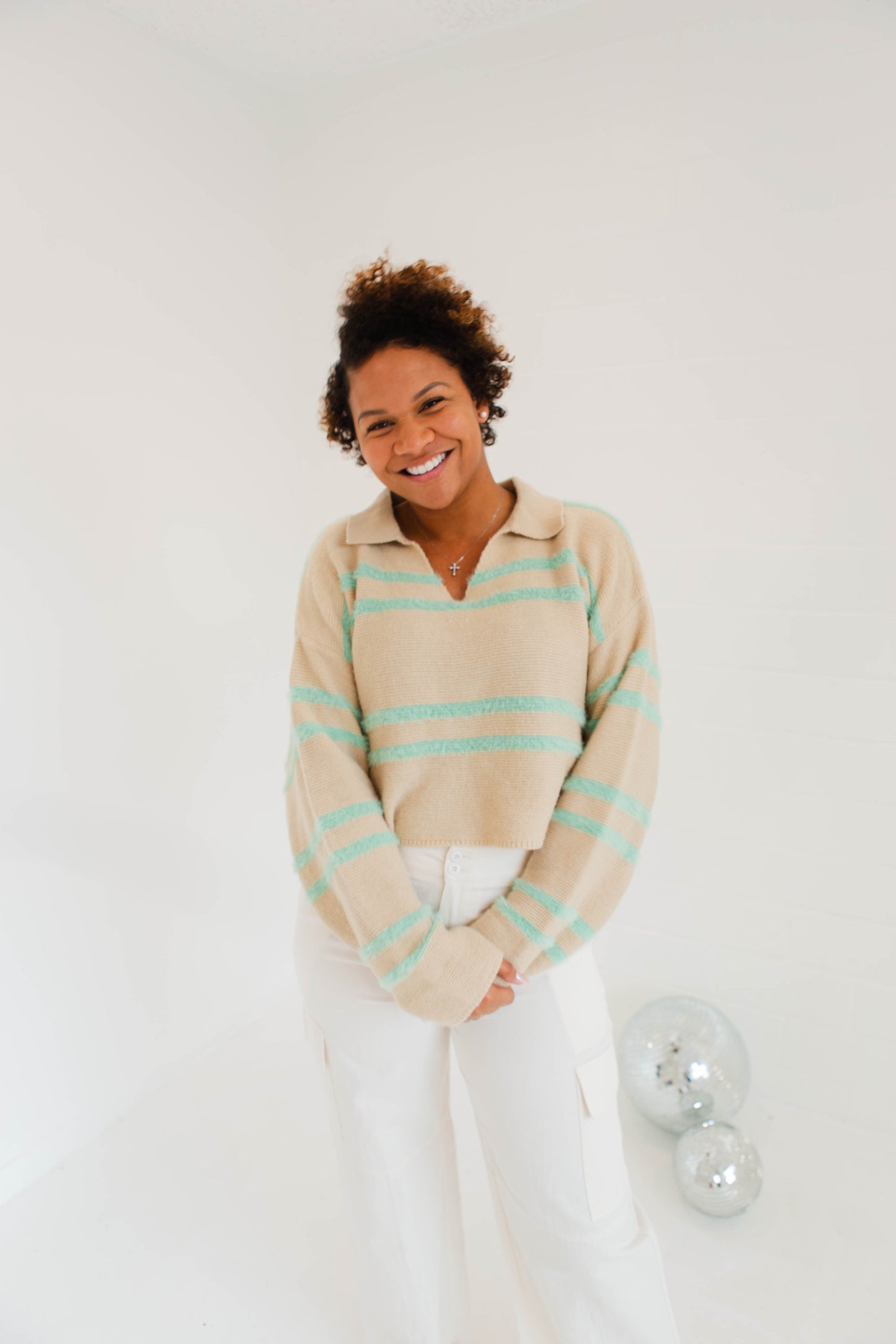 Light Taupe & Mint Striped Collard Sweater Top