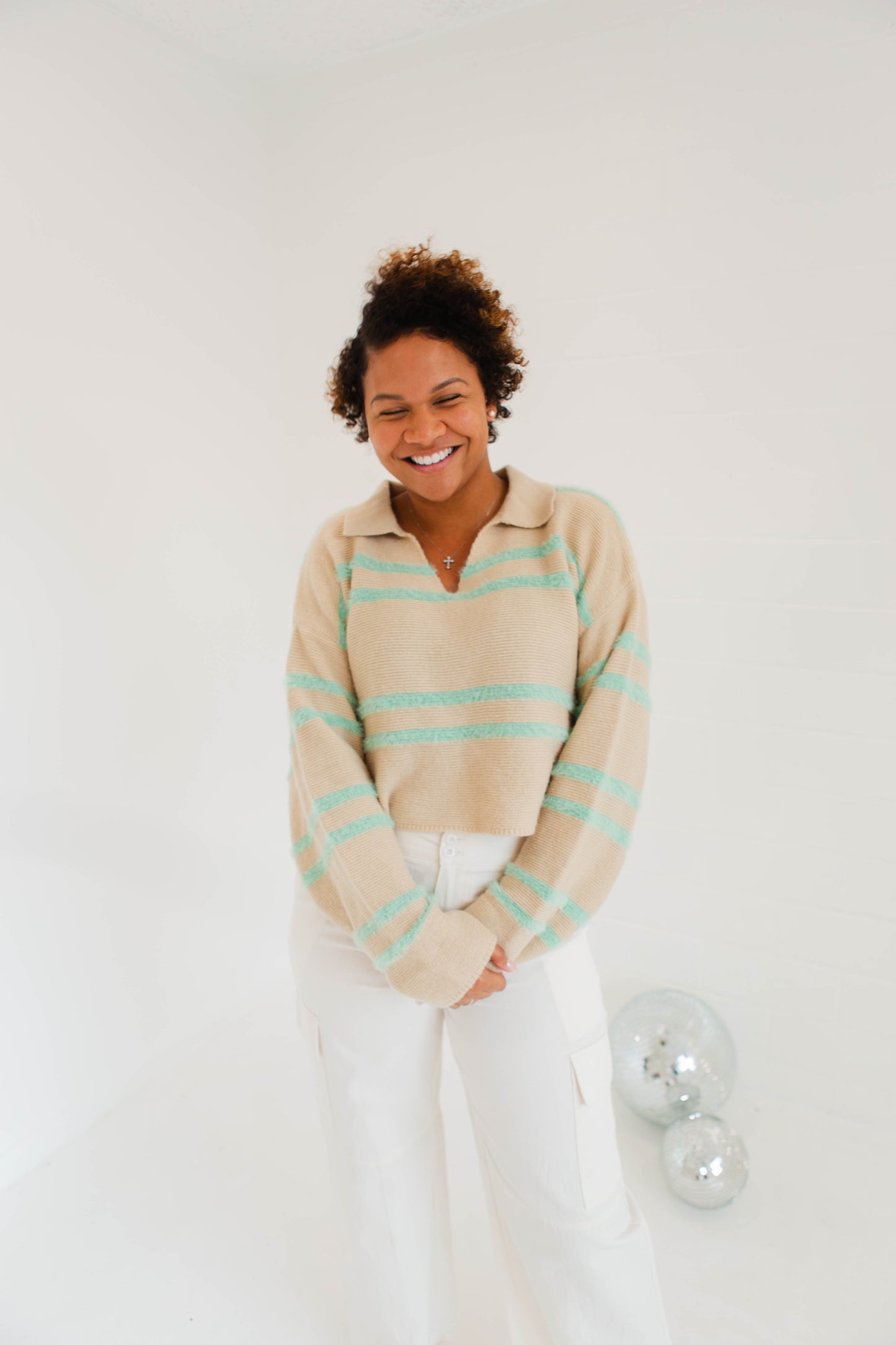 Light Taupe & Mint Striped Collard Sweater Top