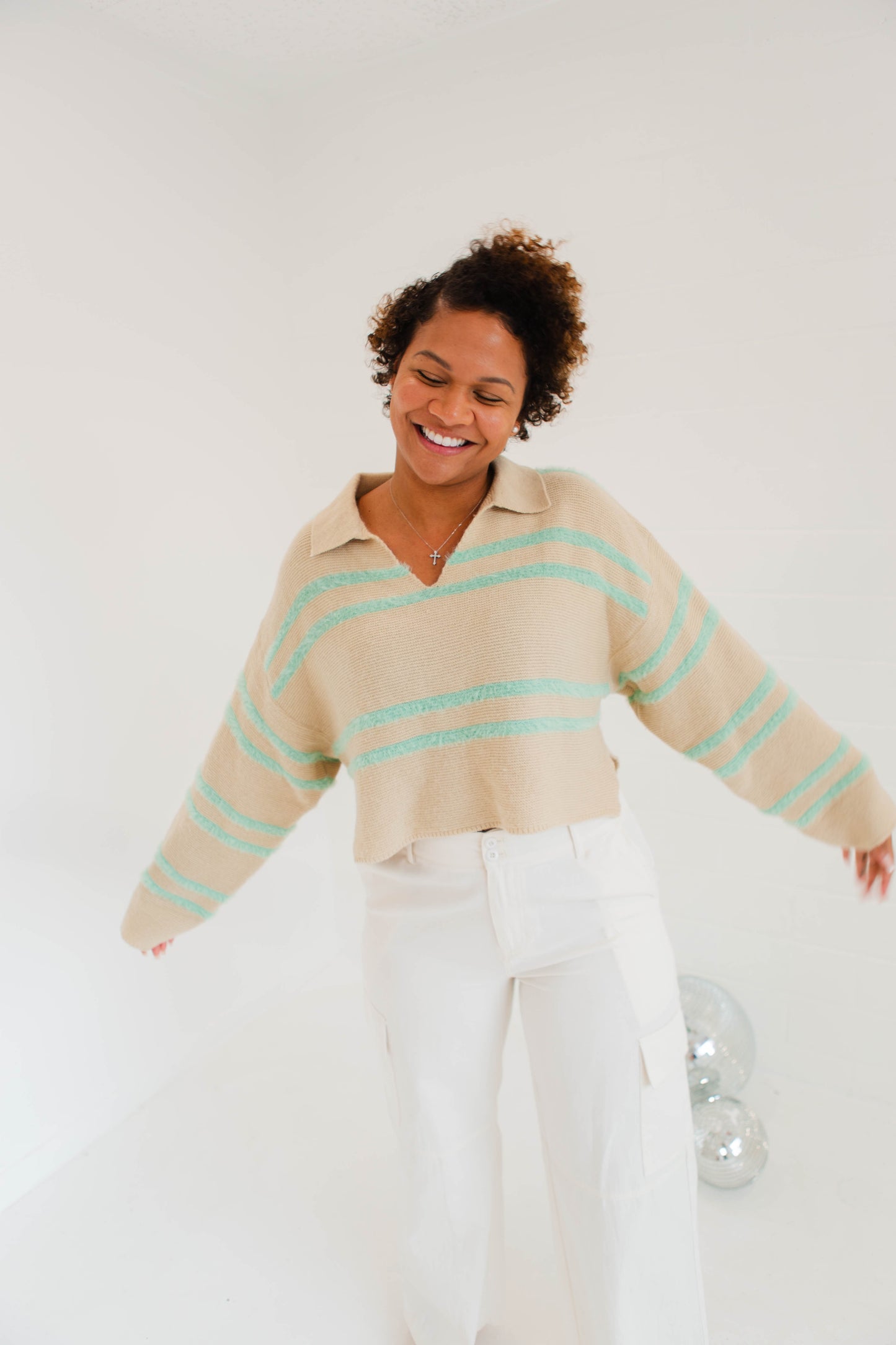 Light Taupe & Mint Striped Collard Sweater Top