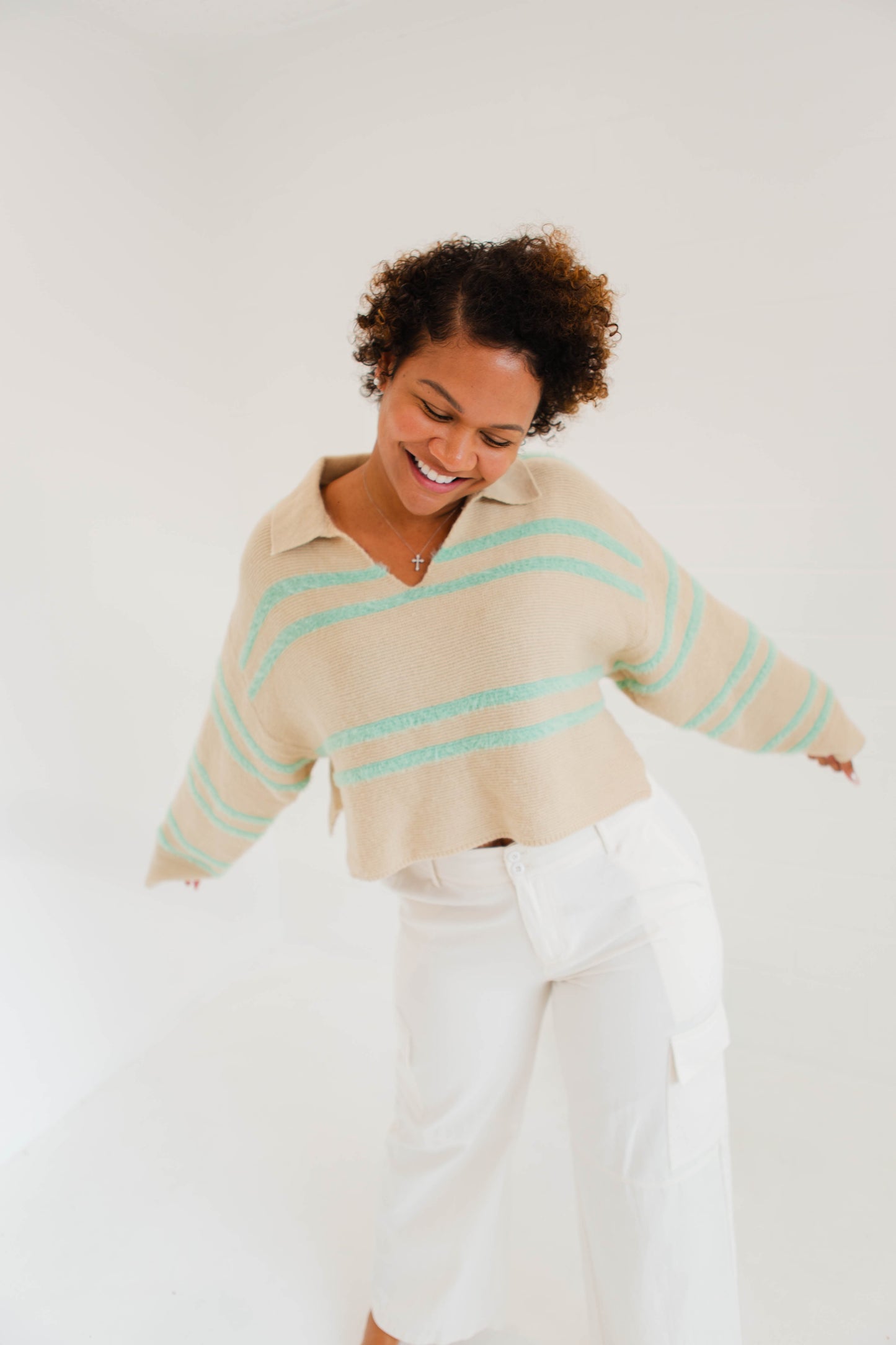 Light Taupe & Mint Striped Collard Sweater Top