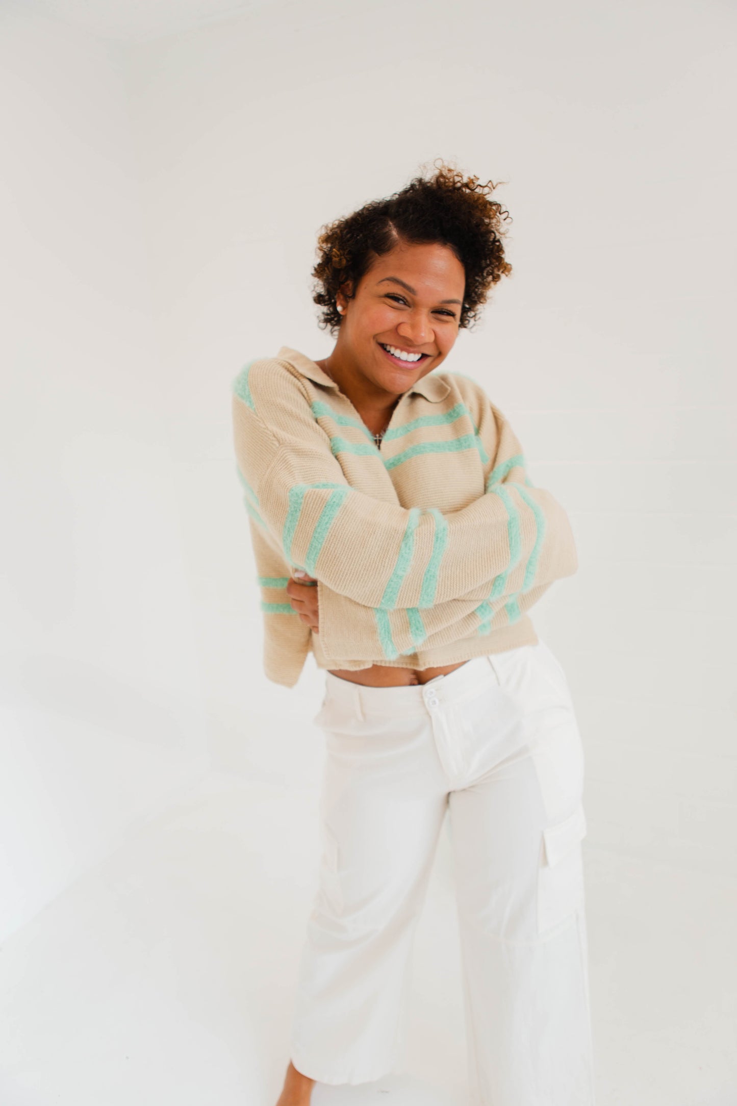 Light Taupe & Mint Striped Collard Sweater Top