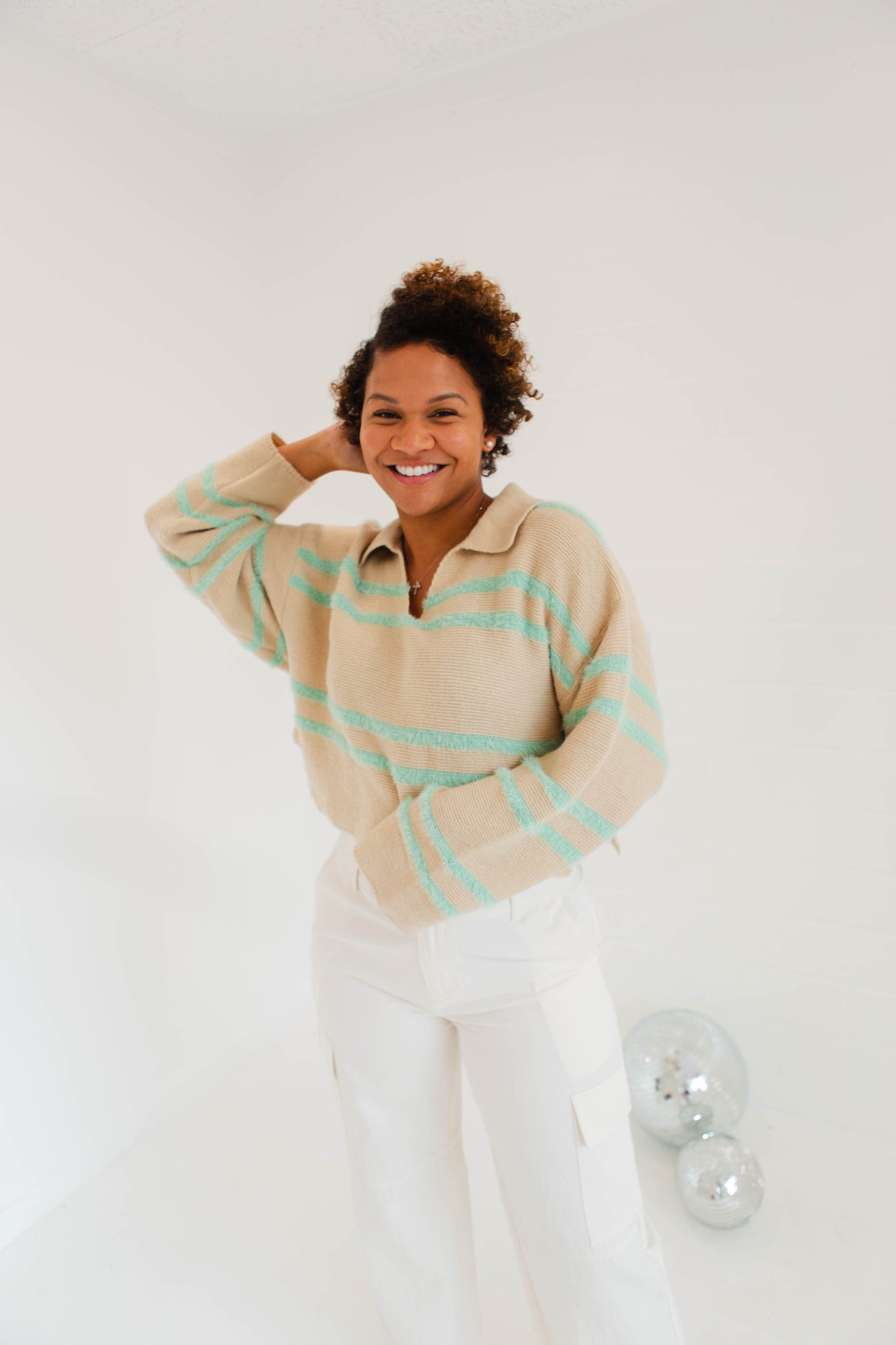 Light Taupe & Mint Striped Collard Sweater Top