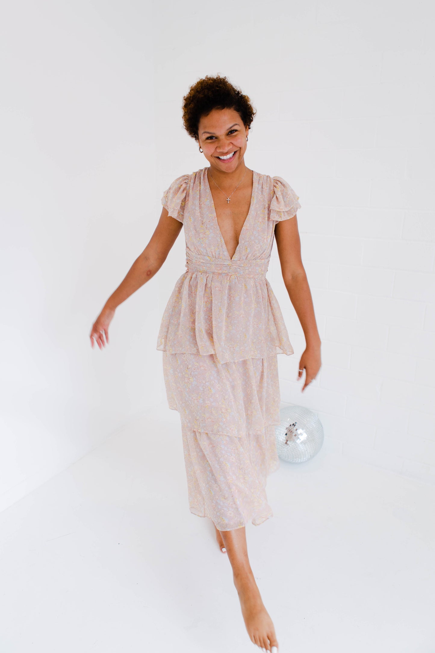 Pink Multi Floral Ruffle Midi