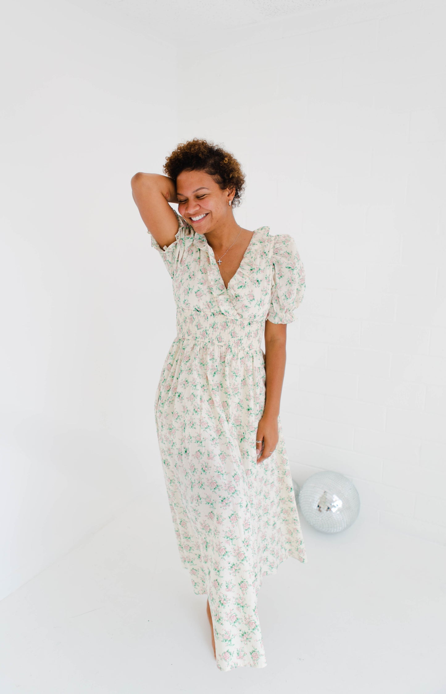 Floral Print Surplice Smocked Waist Midi Dress