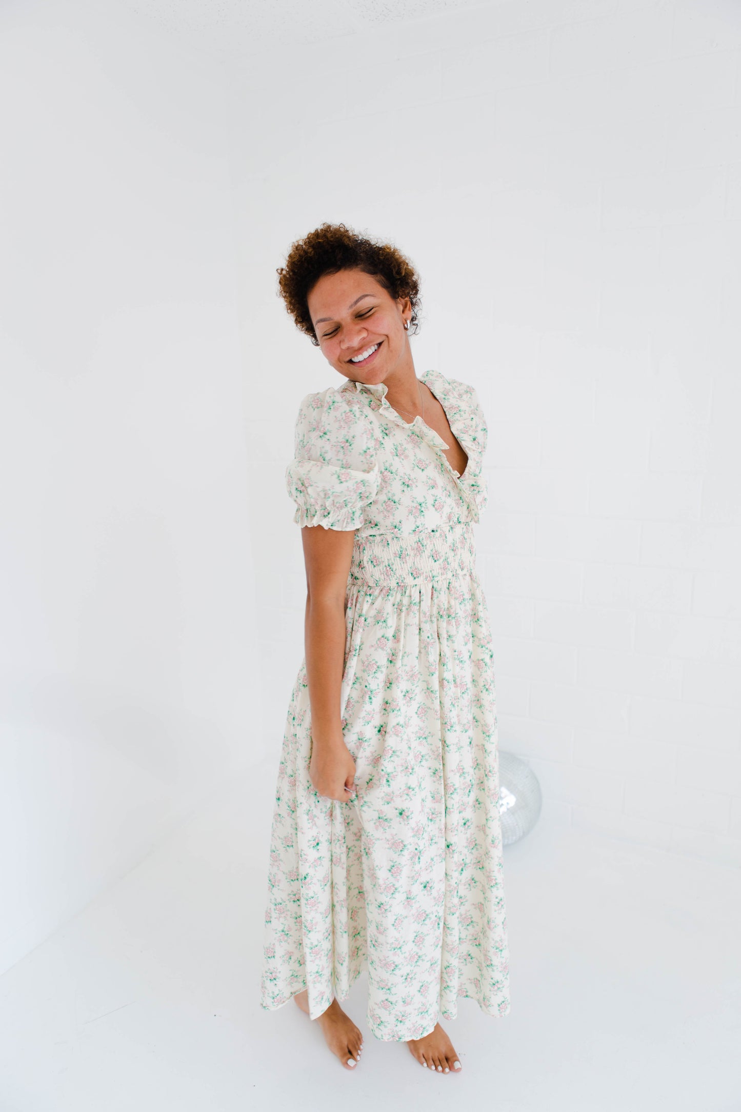 Floral Print Surplice Smocked Waist Midi Dress