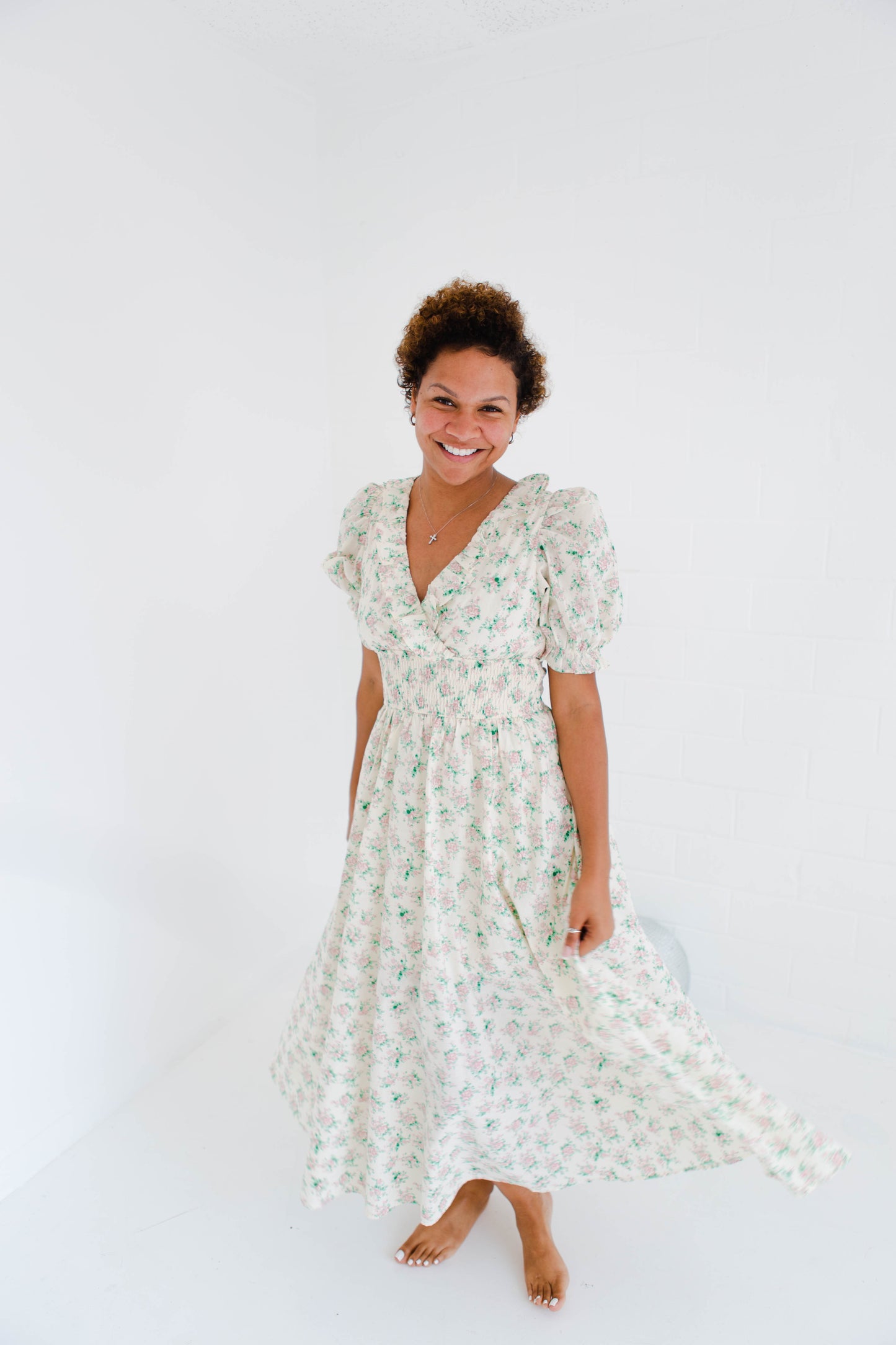 Floral Print Surplice Smocked Waist Midi Dress
