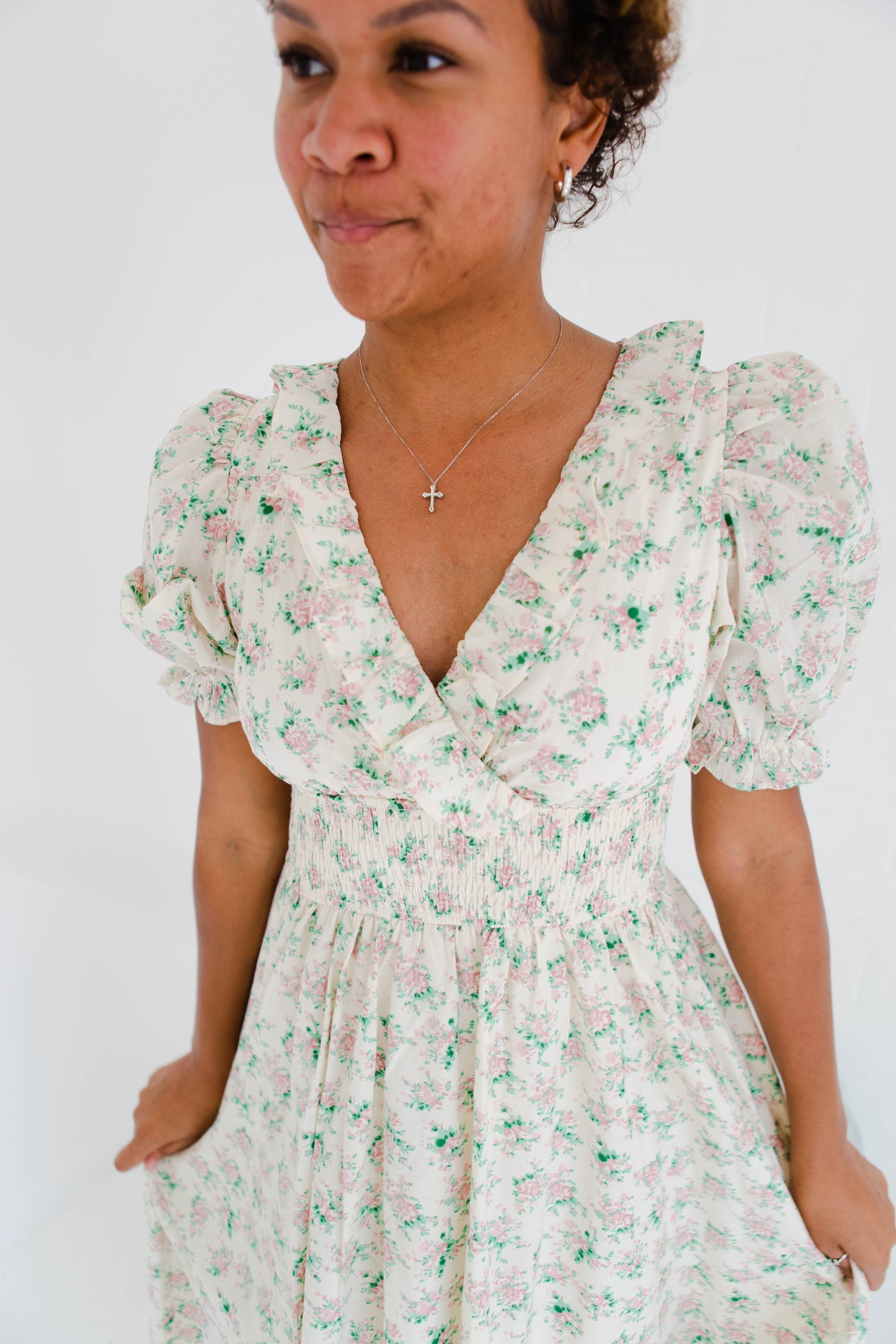 Floral Print Surplice Smocked Waist Midi Dress