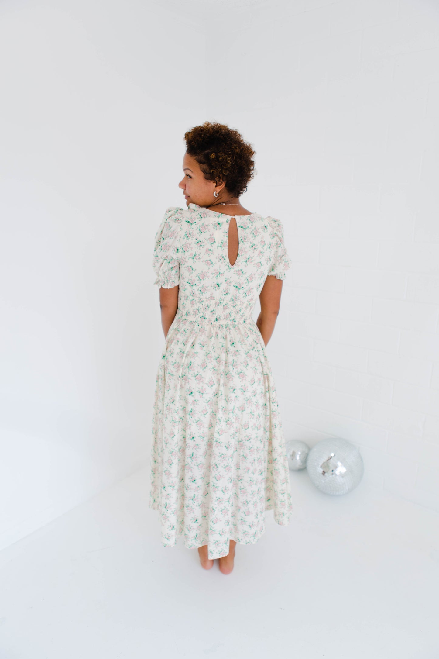 Floral Print Surplice Smocked Waist Midi Dress