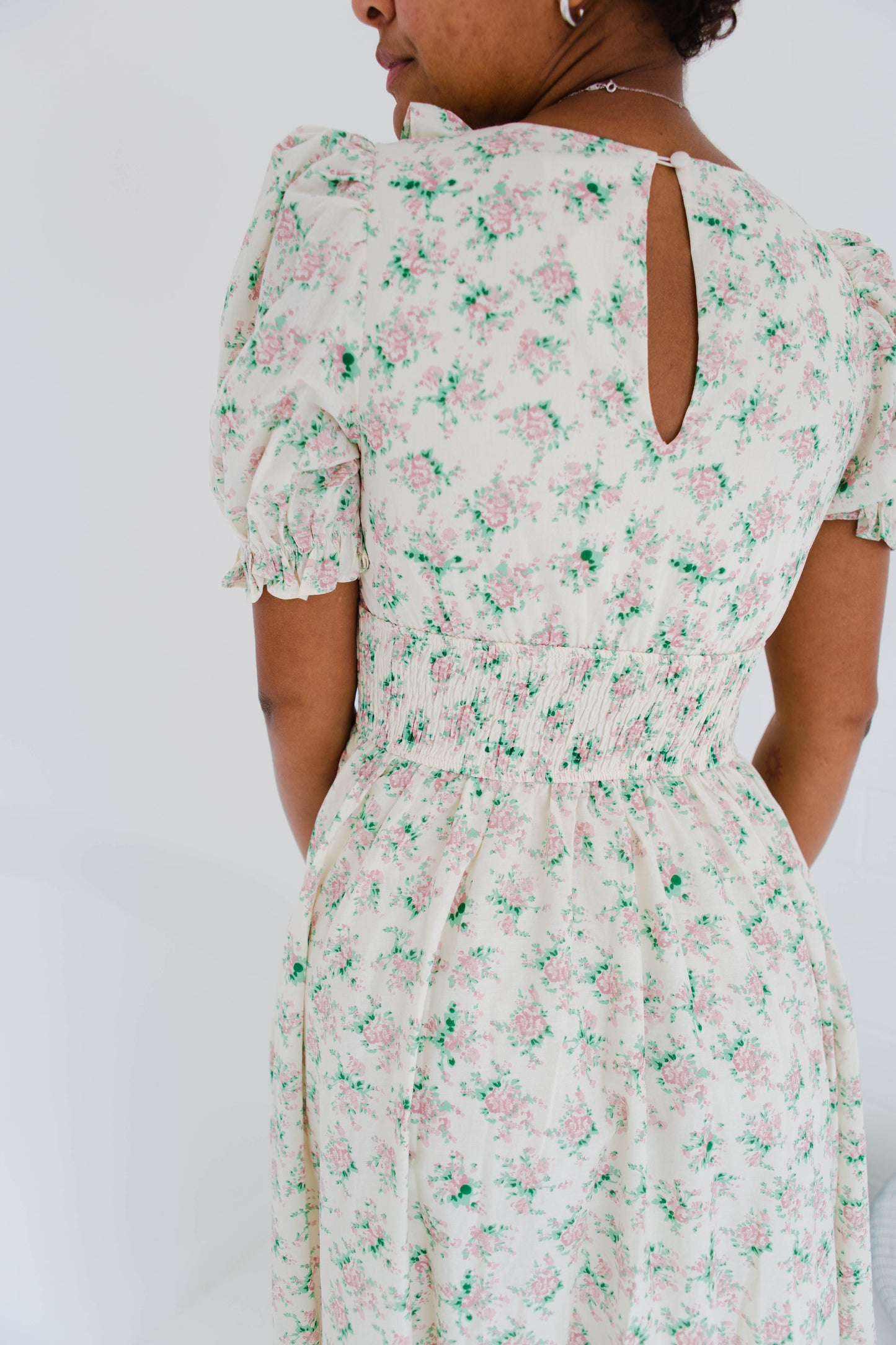 Floral Print Surplice Smocked Waist Midi Dress