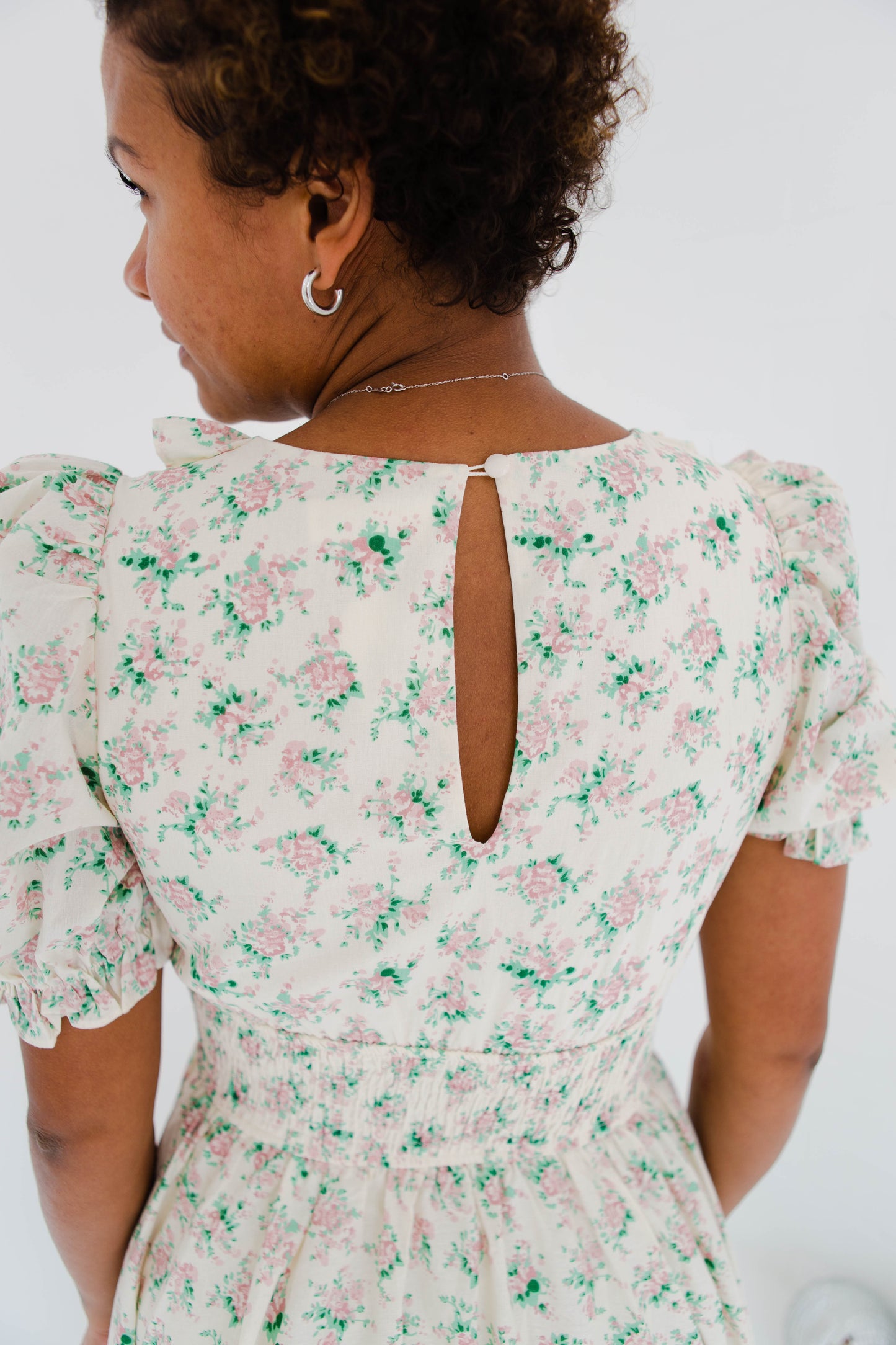 Floral Print Surplice Smocked Waist Midi Dress
