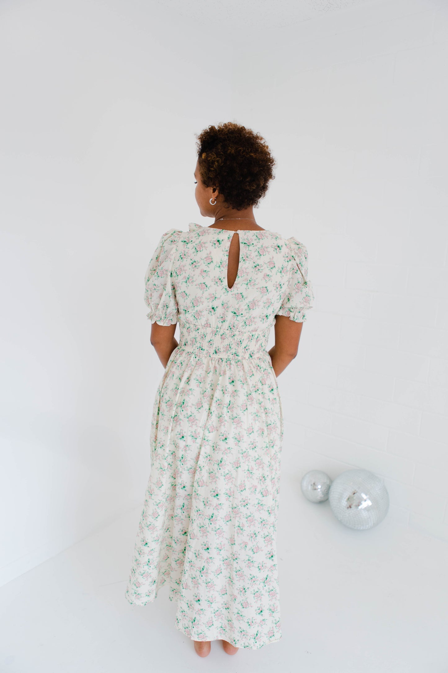 Floral Print Surplice Smocked Waist Midi Dress