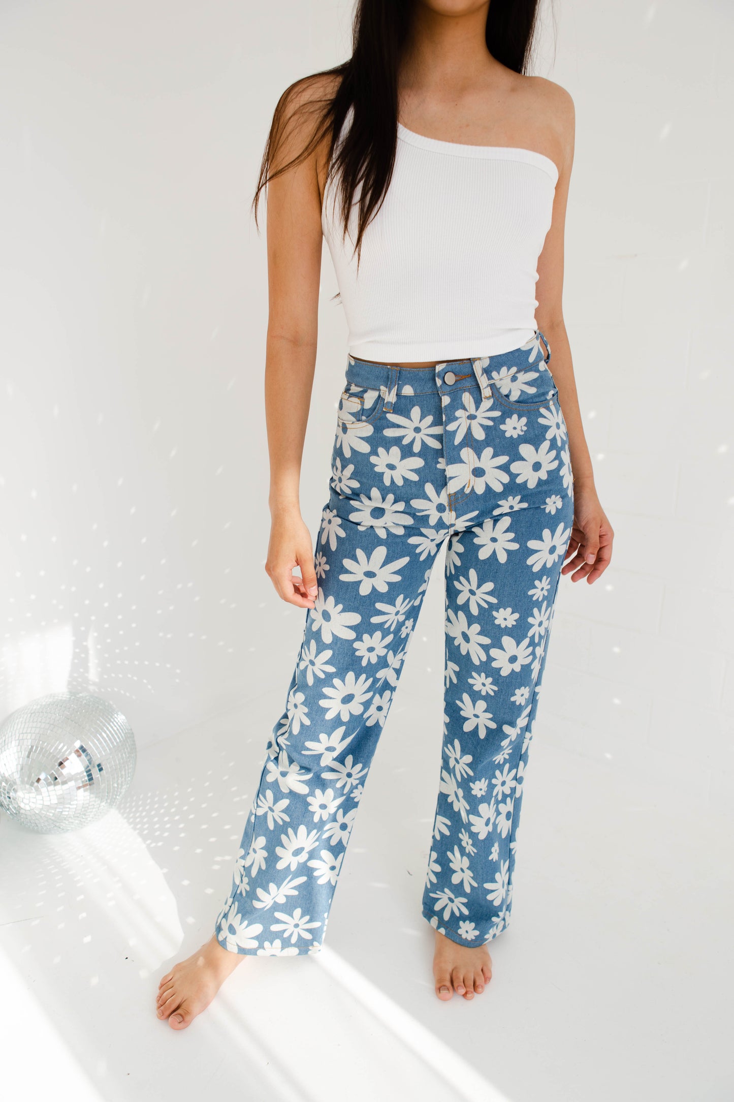 Daisy Print Denim Pants
