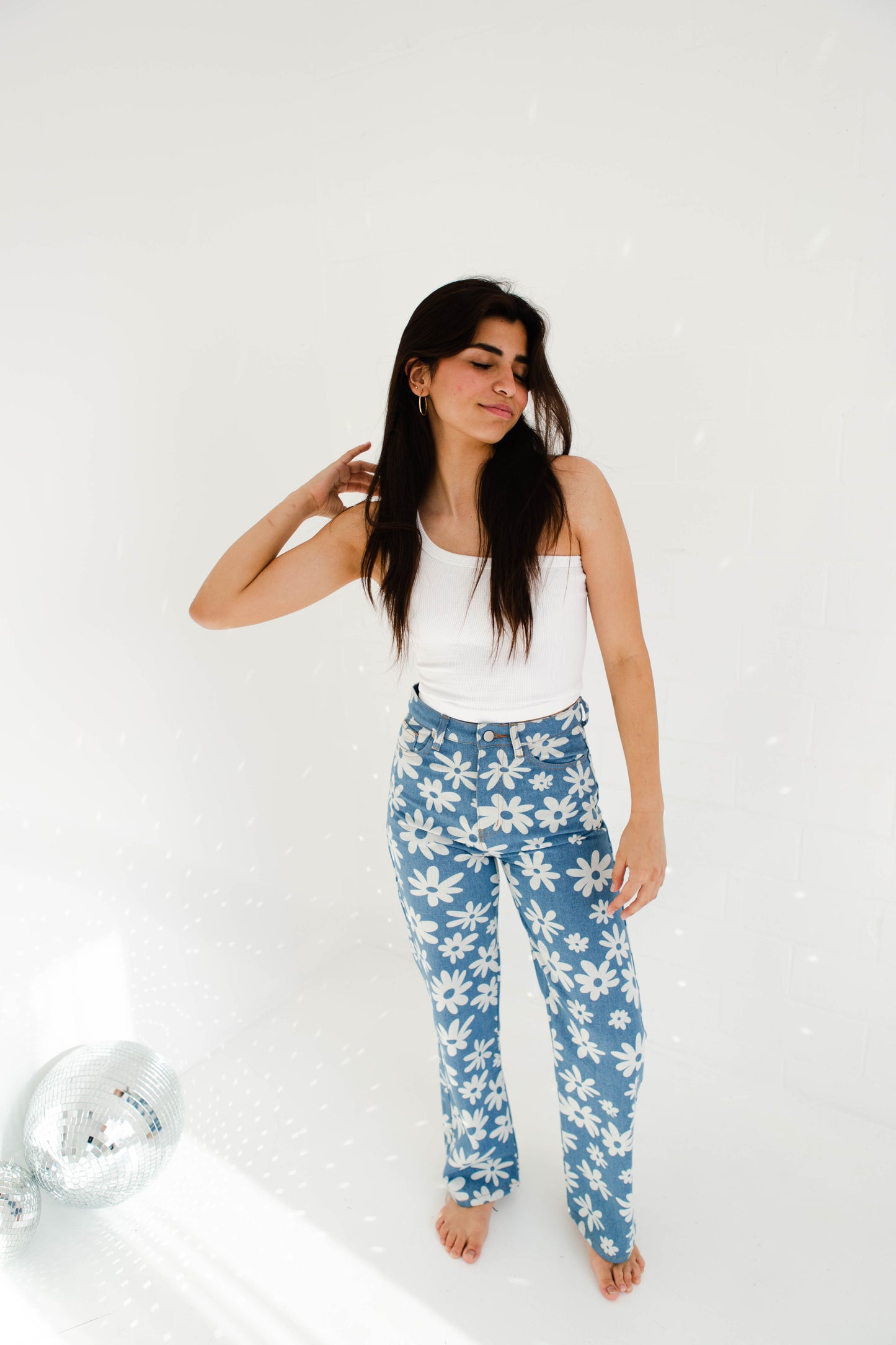 Daisy Print Denim Pants