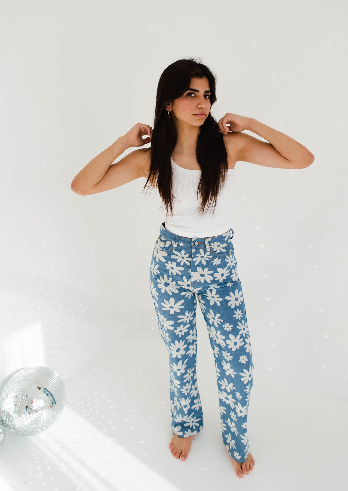 Daisy Print Denim Pants