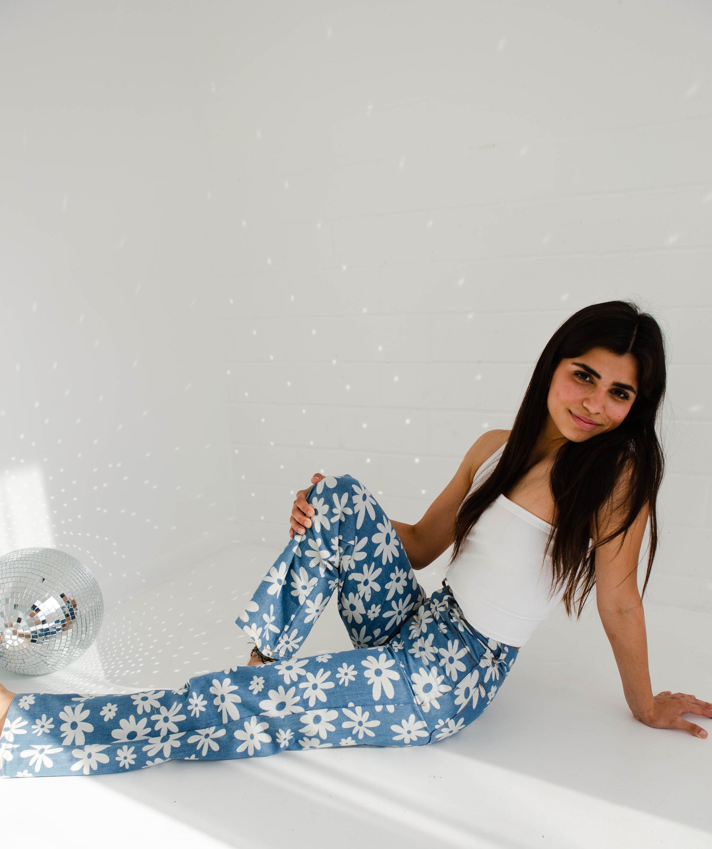 Daisy Print Denim Pants