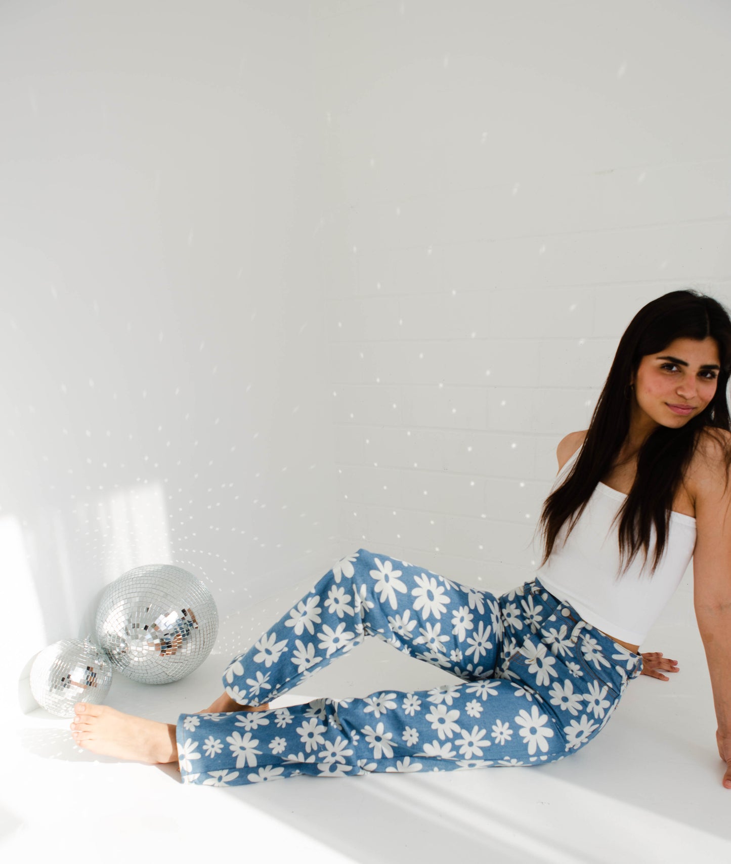 Daisy Print Denim Pants