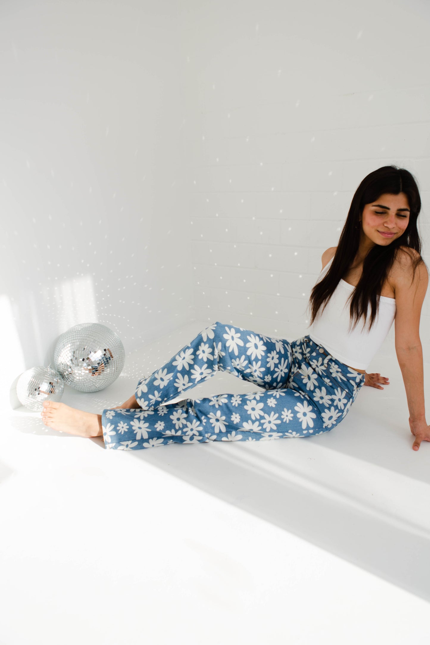 Daisy Print Denim Pants