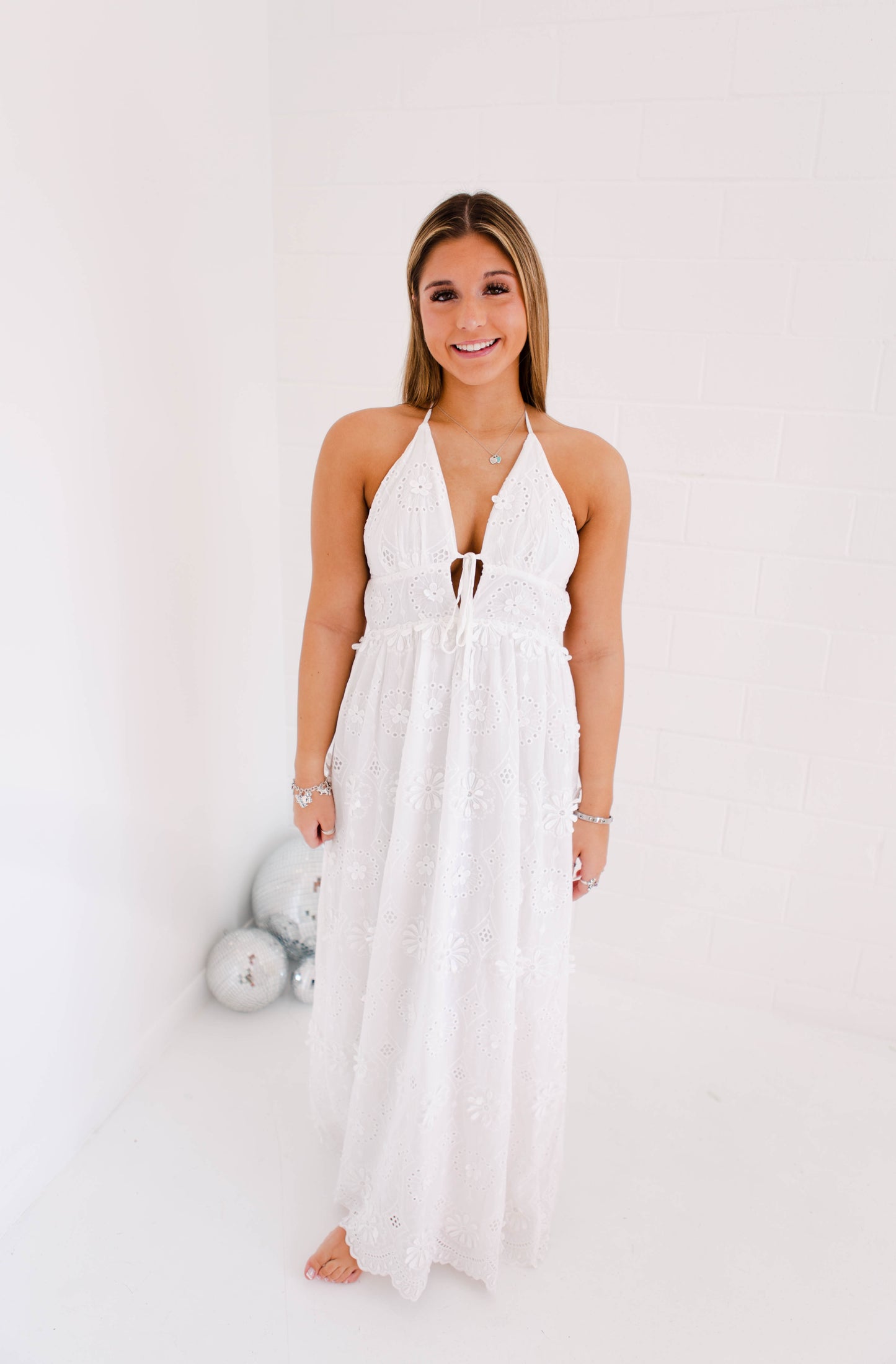 Large Eyelet Halter Maxi Dress